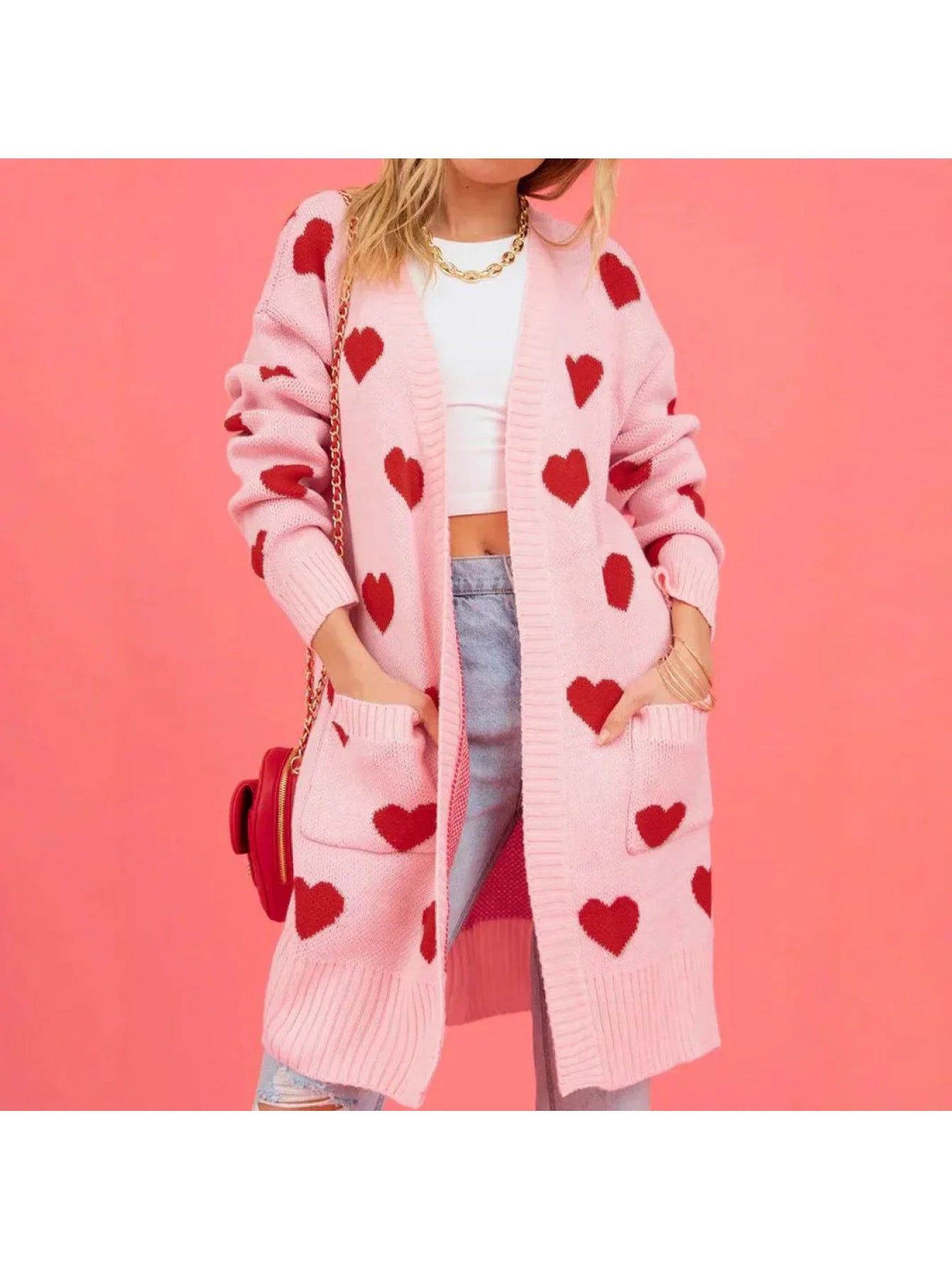 Women'S Soft Pink Cardigan Sweater - Buttonless Open Front Design with Heart Pattern