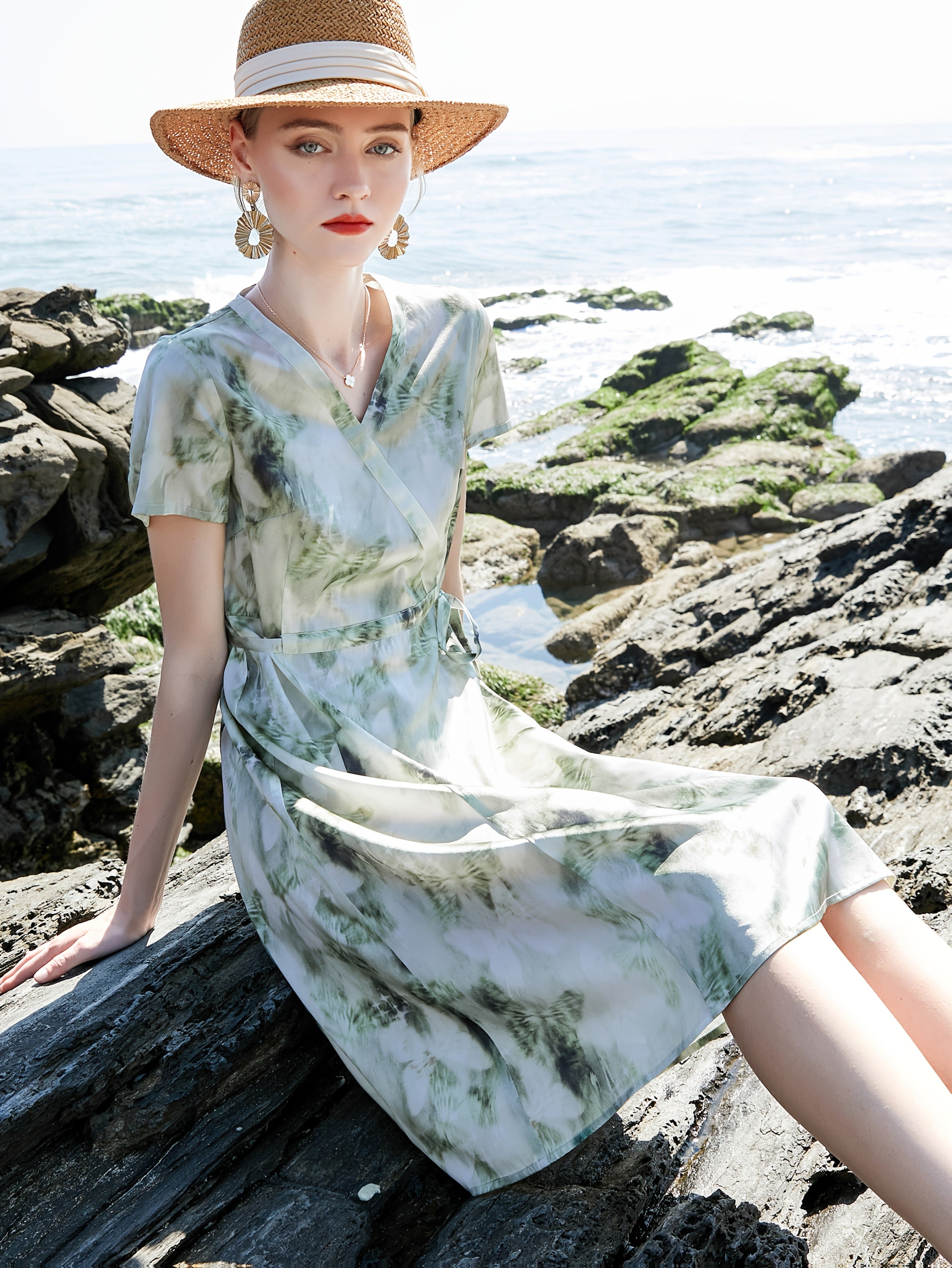 Mother's Day Gift Women's Elegant Floral Print - Breathable Formal & Casual Dresses With Adjustable Waist Tie