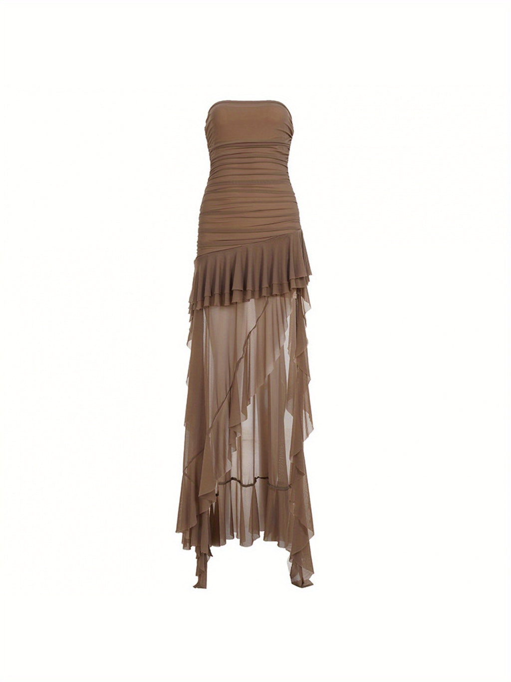 Sexy Mesh Bohemian Style Dress with Asymmetrical Hem And Irregular Pleated Strapless Skirt for Women