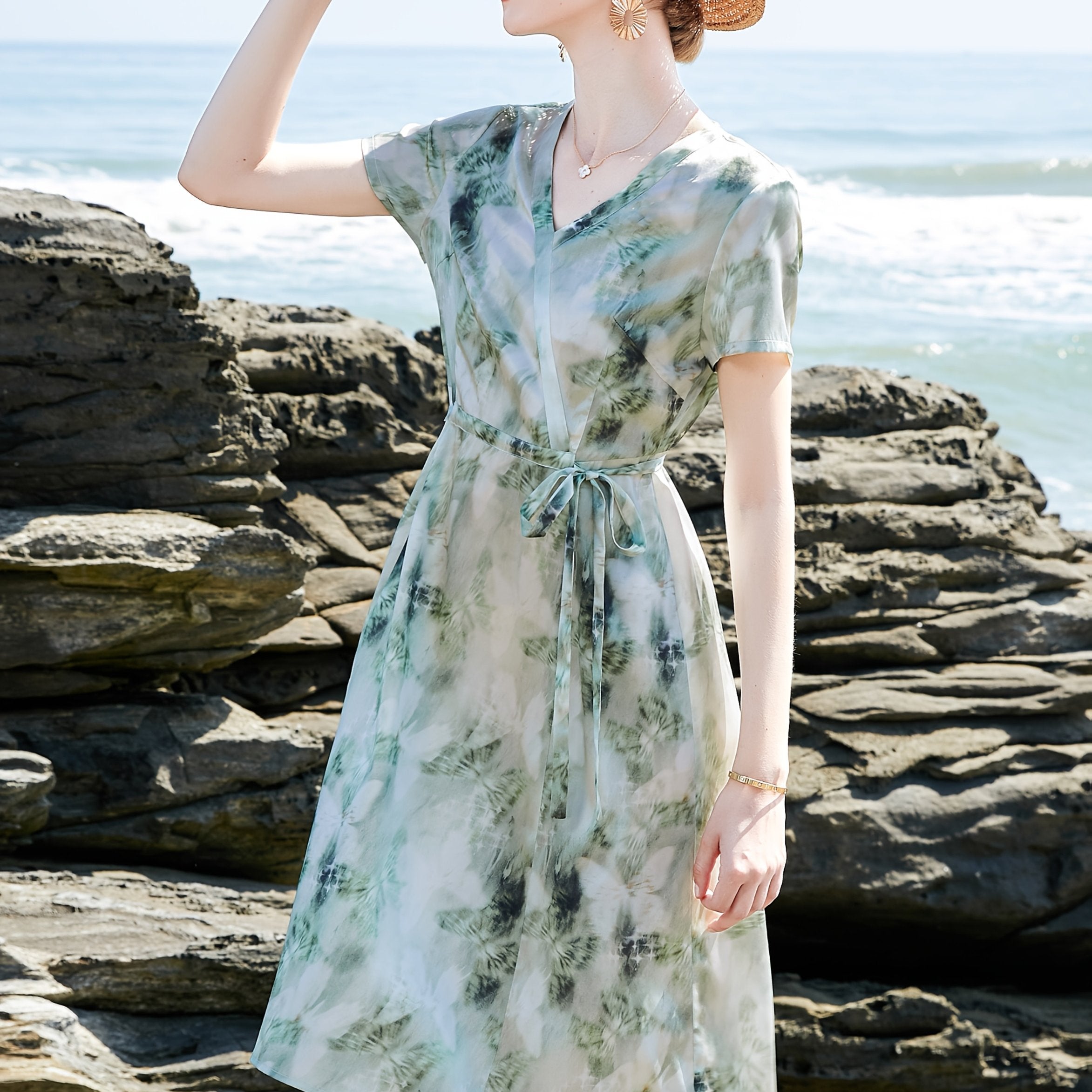 Mother's Day Gift Women's Elegant Floral Print - Breathable Formal & Casual Dresses With Adjustable Waist Tie