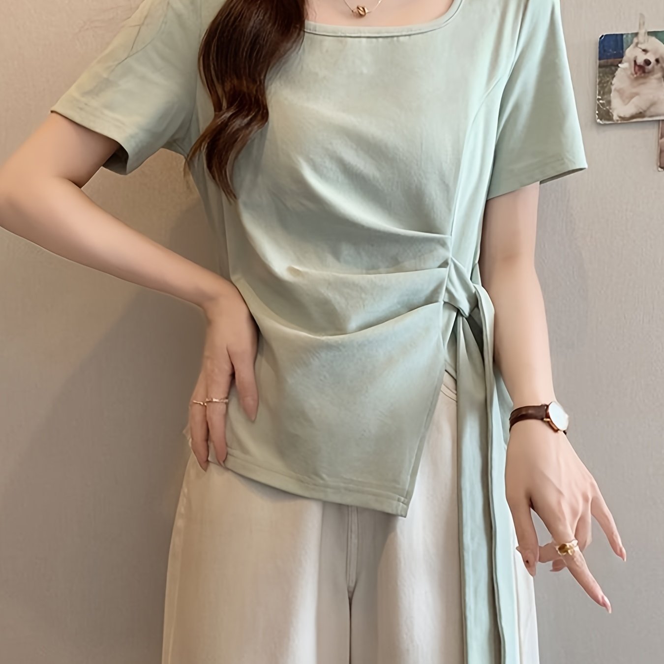 Women'S Light Blue Asymmetrical Short Sleeve Top with Tie-Waist Detail - Casual Summer Blouse
