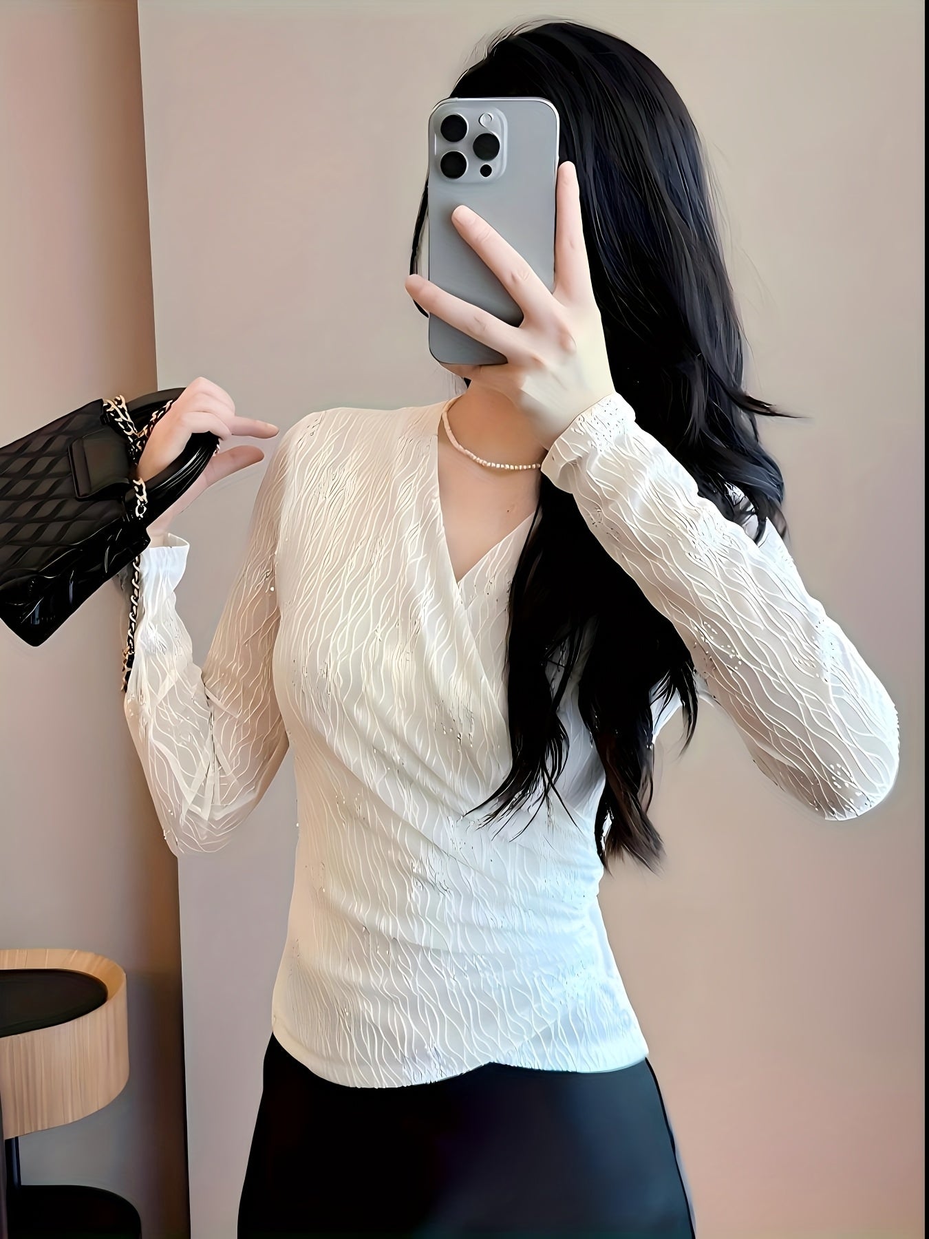 Women'S Elegant V-Neck Long Sleeve T-Shirt - Slim Fit Cross-Over Top with Rhinestone Embellishments