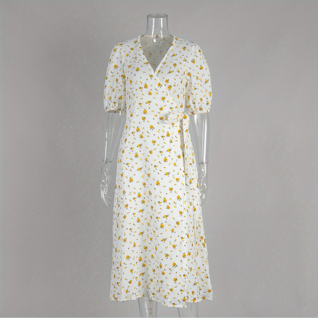 New 2025 European And American Style Pure Printed Dress for Women with Puff Sleeves