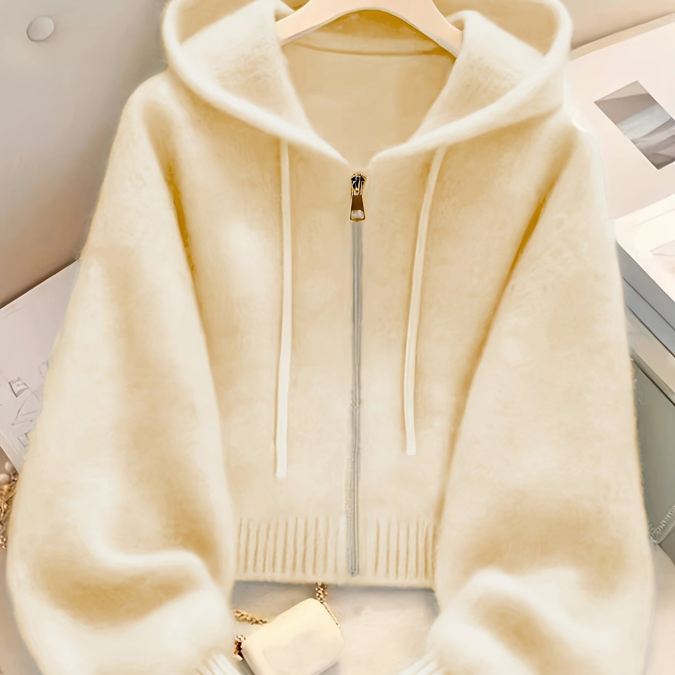 Women's Soft Pink Zip-Up Hooded Cardigan - Casual Chic Long Sleeve Open Front Sweater with Medium Stretch