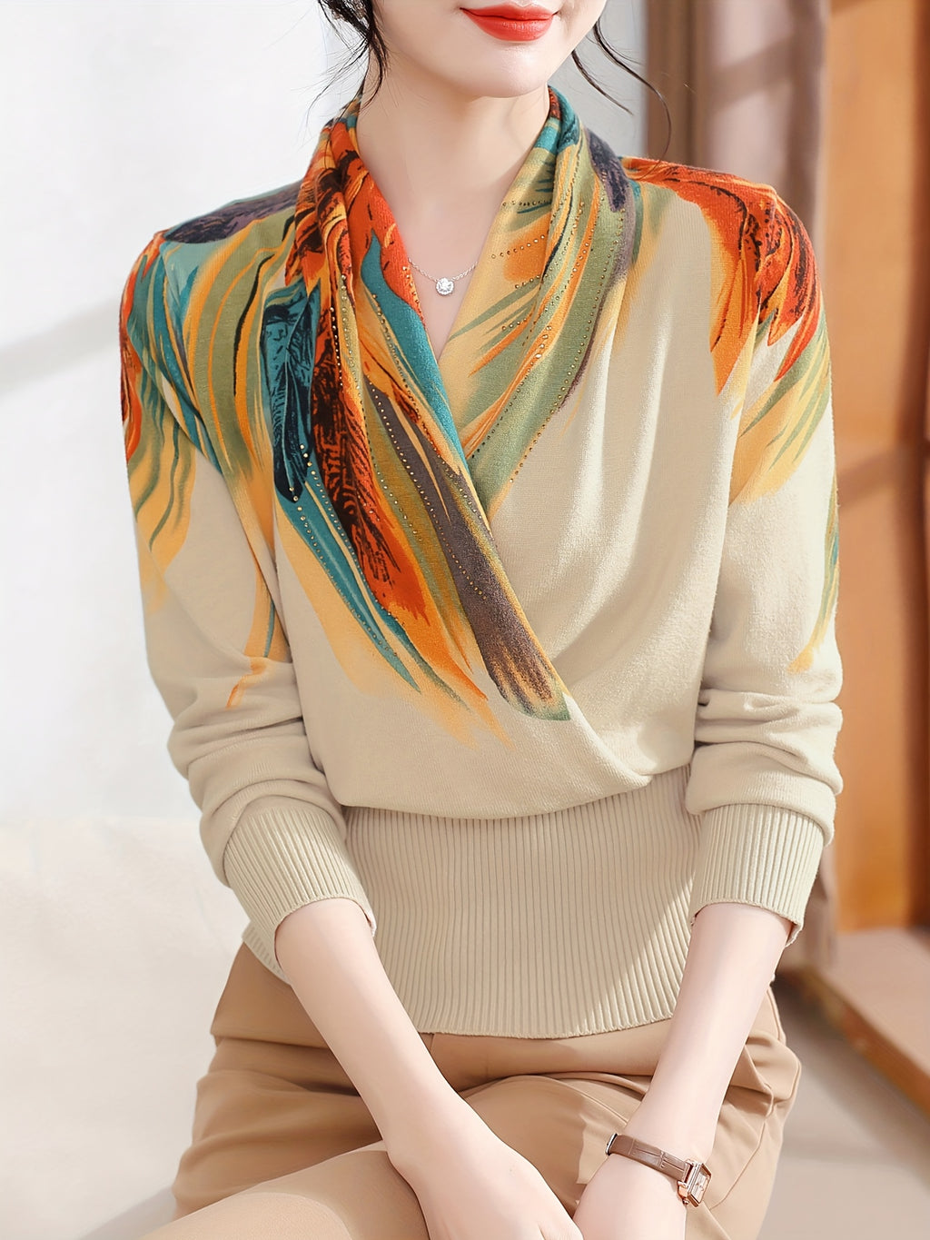 Women's Elegant Long-Sleeve Sweater - Multicolor Print