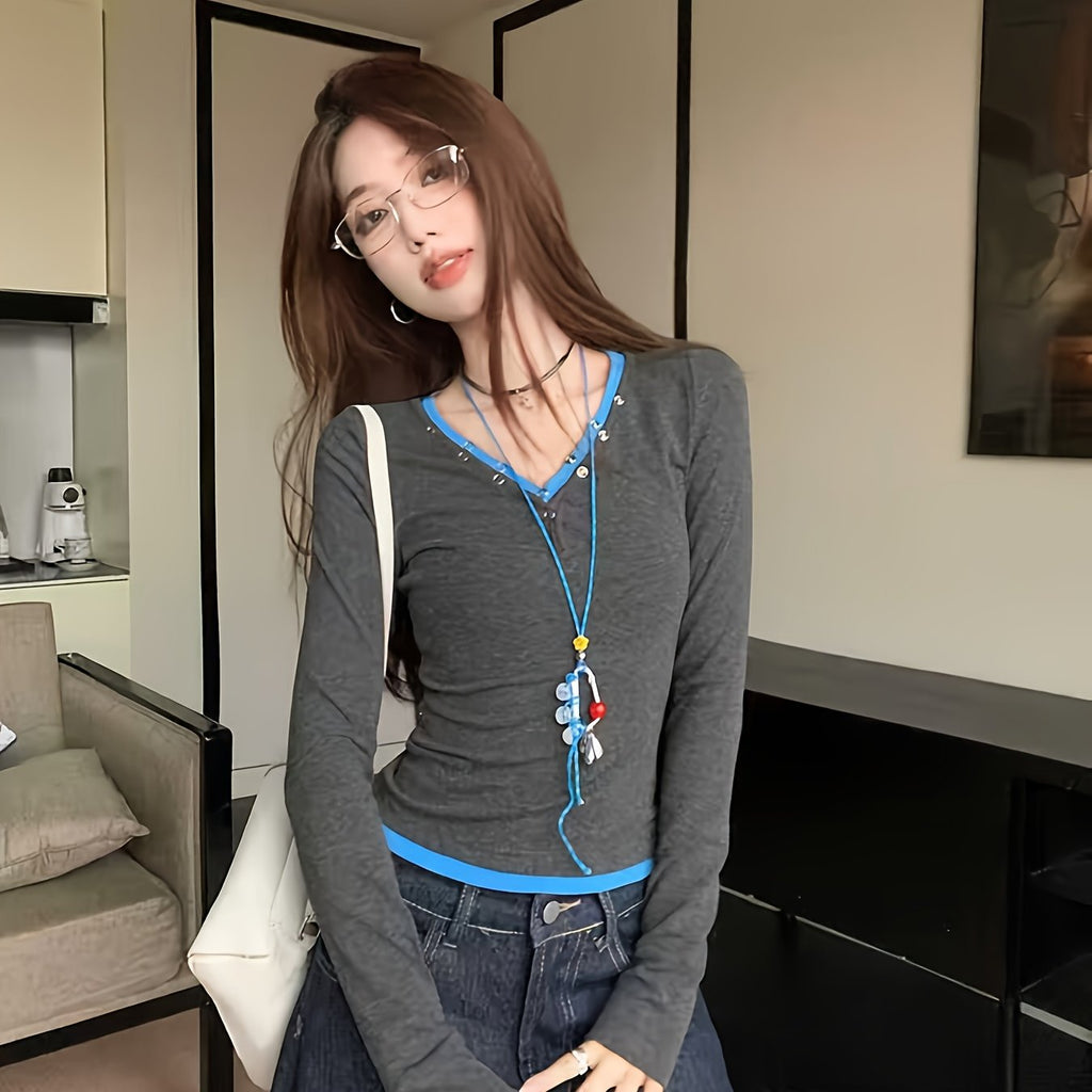 Women'S Gray V-Neck Long Sleeve T-Shirt - Chic Two-Tone Design with Blue Accents