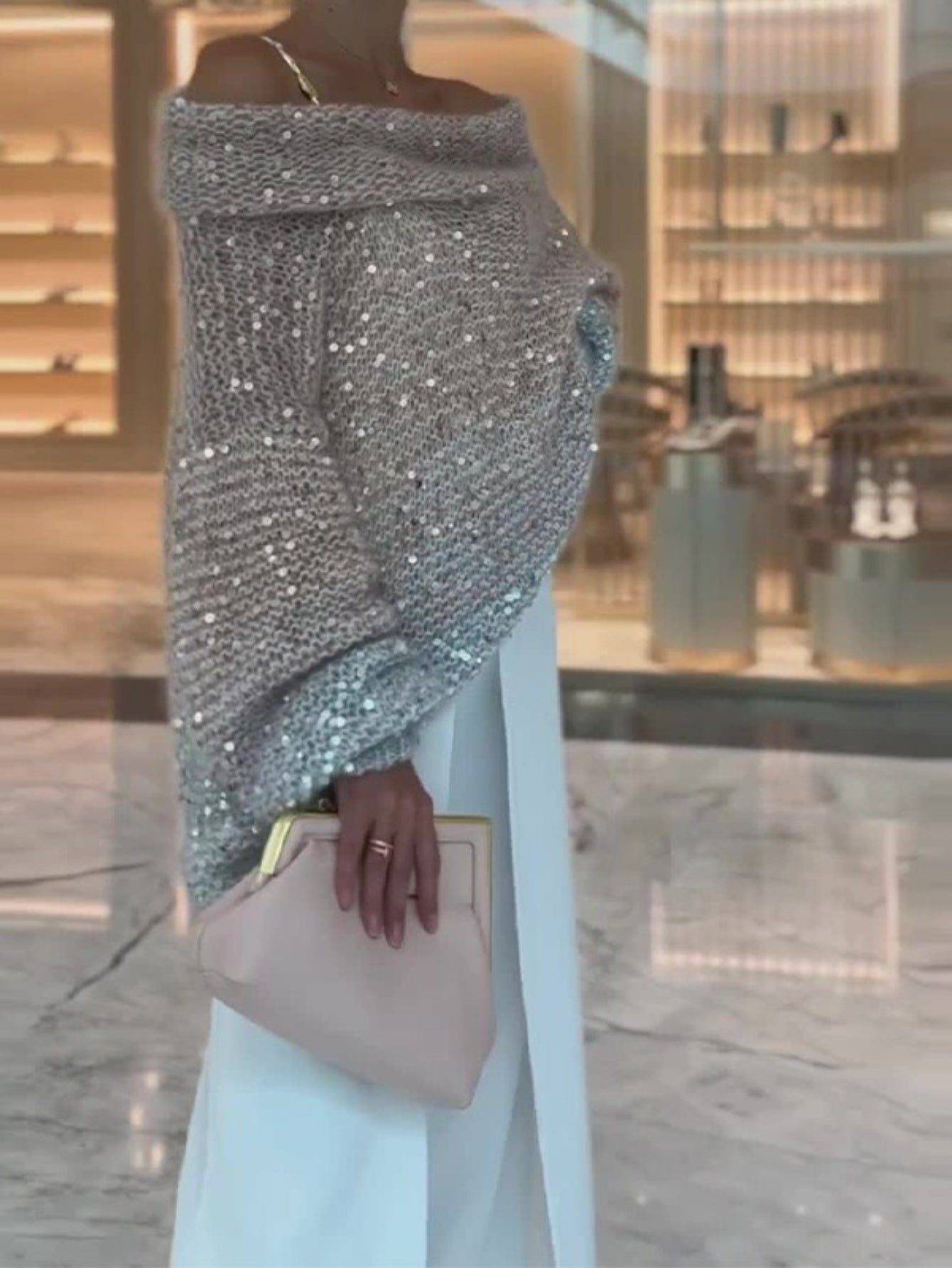 Women's Sparkling Off-the-Shoulder Sweater with Asymmetrical Sequin Sleeves - Winter Warm Loose-Fit H-Line Blazer-like Jacket