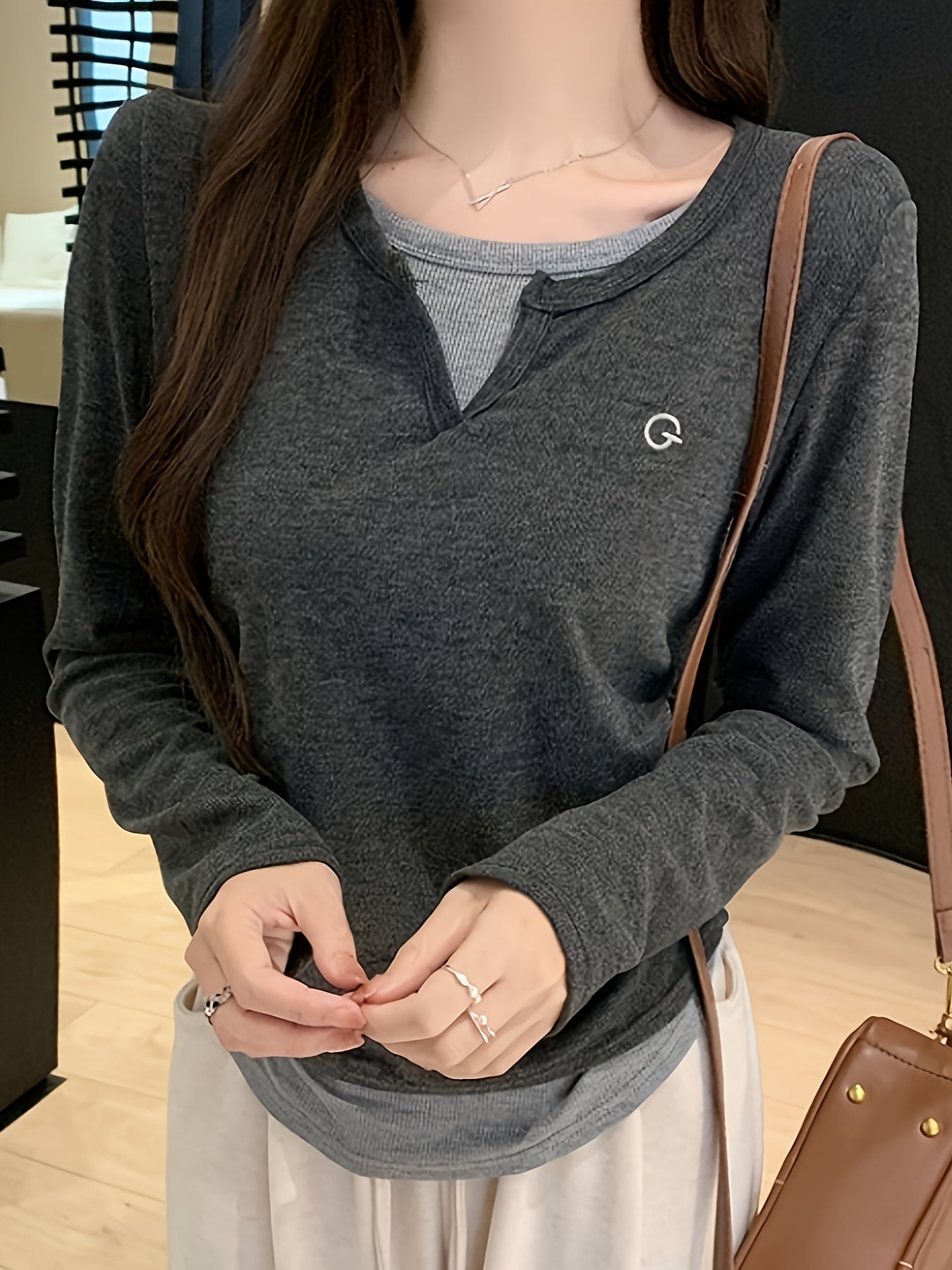 Women'S Slim-Fit Fashion V-Neck Blouse - Casual Long Sleeve Solid Color Top with Faux Layered Design