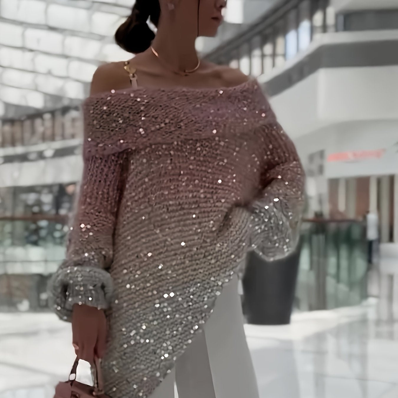 Women's Sparkling Off-the-Shoulder Sweater with Asymmetrical Sequin Sleeves - Winter Warm Loose-Fit H-Line Blazer-like Jacket