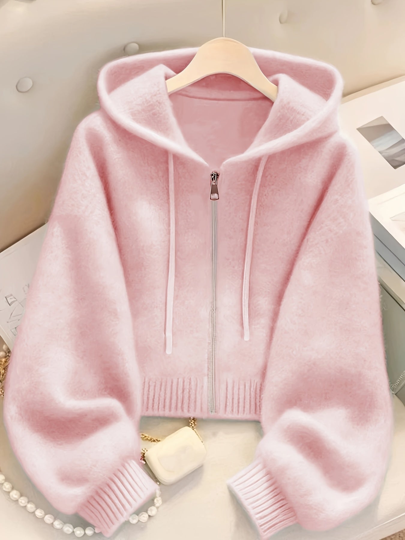 Women's Soft Pink Zip-Up Hooded Cardigan - Casual Chic Long Sleeve Open Front Sweater with Medium Stretch