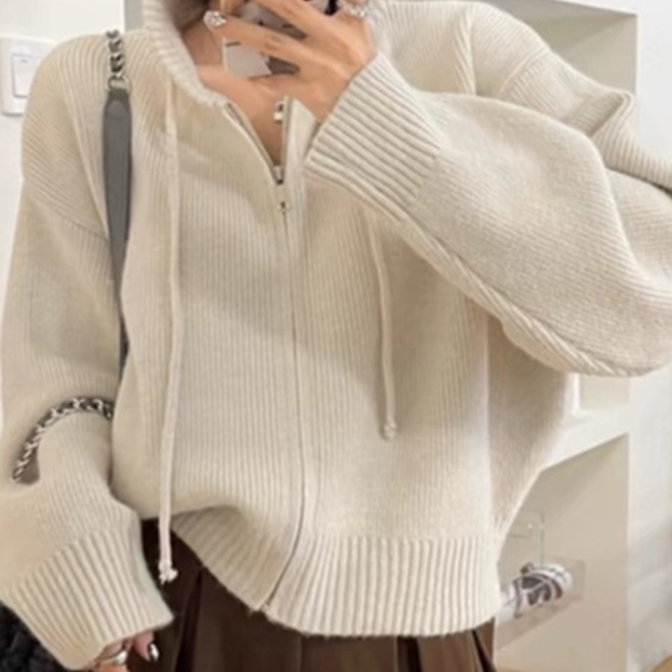 Women's Short Zippered Hooded Cardigan Sweater Coat - Belted Waist Slim-Fit Jacket