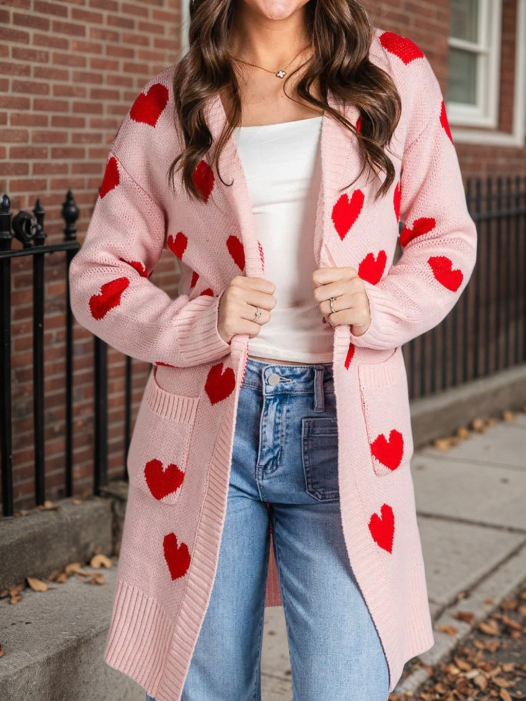 Women'S Soft Pink Cardigan Sweater - Buttonless Open Front Design with Heart Pattern