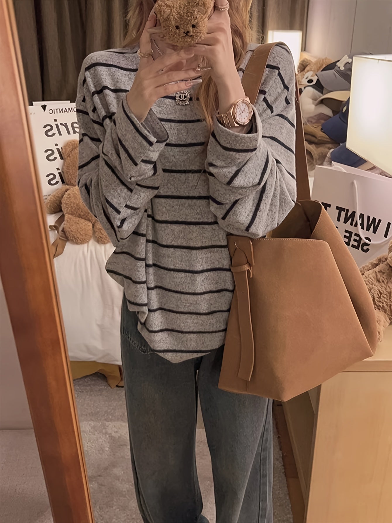 Asian Size Long Sleeve T-Shirt for Women, Lazy Style Loose Top, Fits 80-160 lbs