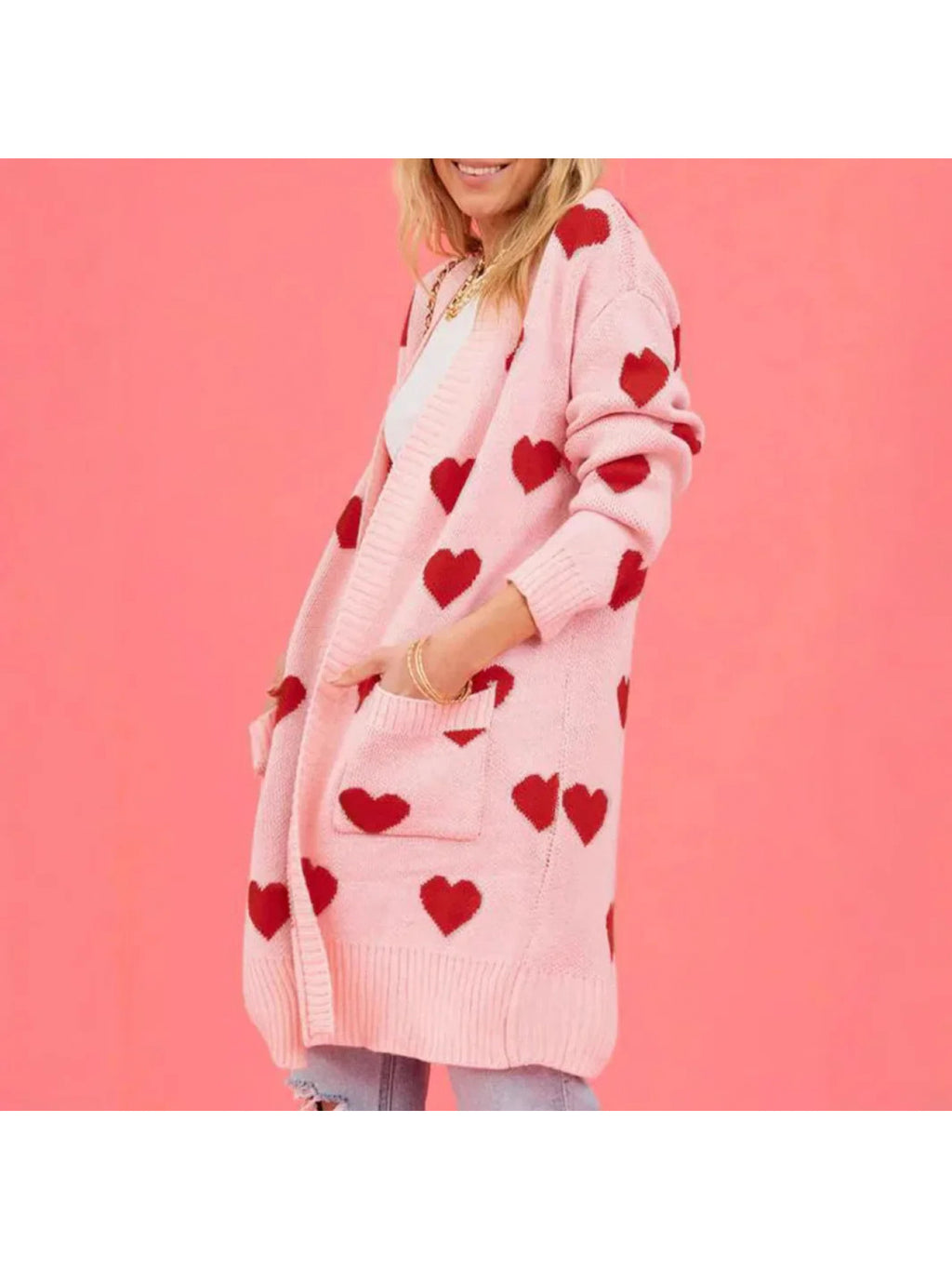 Women'S Soft Pink Cardigan Sweater - Buttonless Open Front Design with Heart Pattern