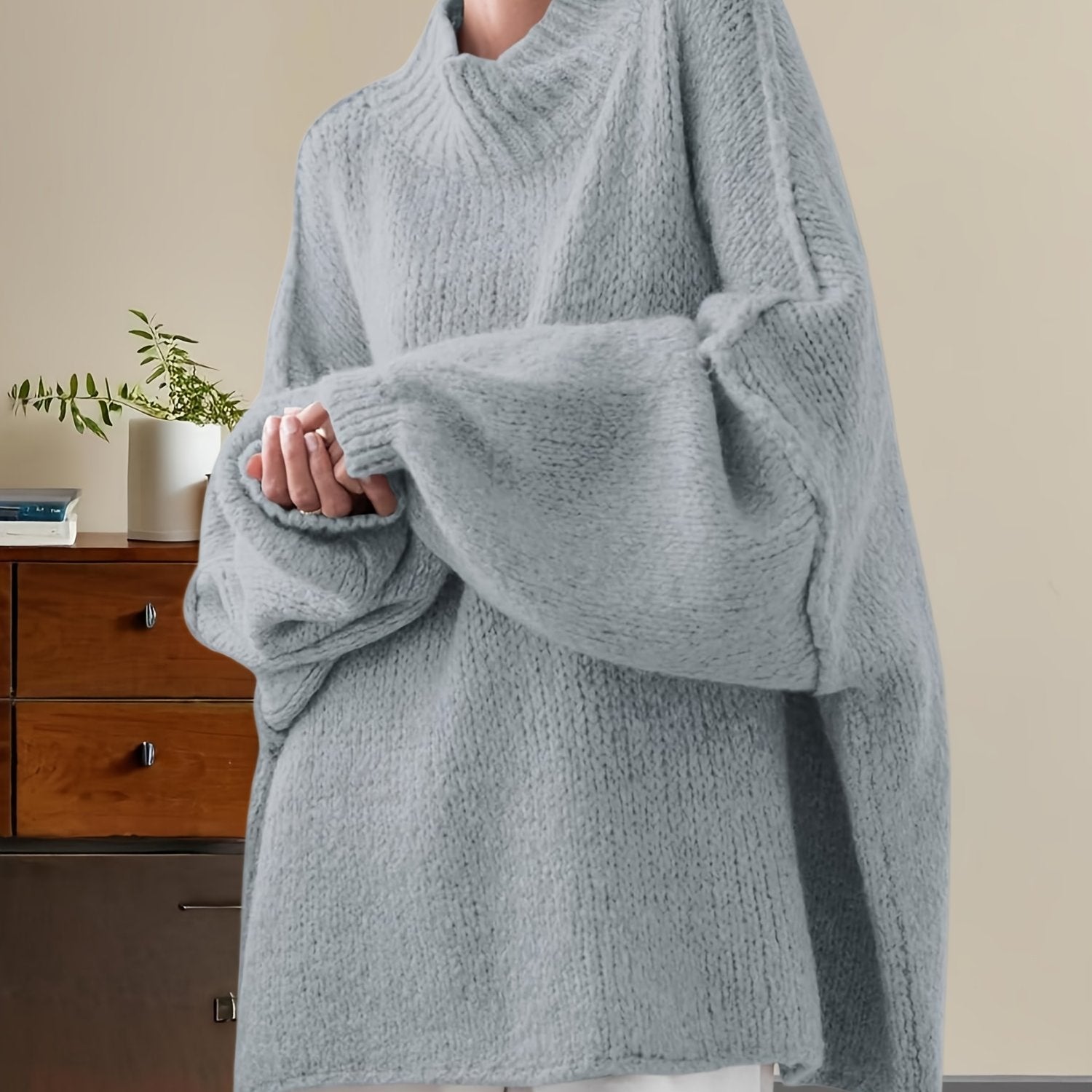 Women'S Oversized Batwing Sweater - Soft Stretchy Ribbed Tunic with Mock Neck & Asymmetrical Hem