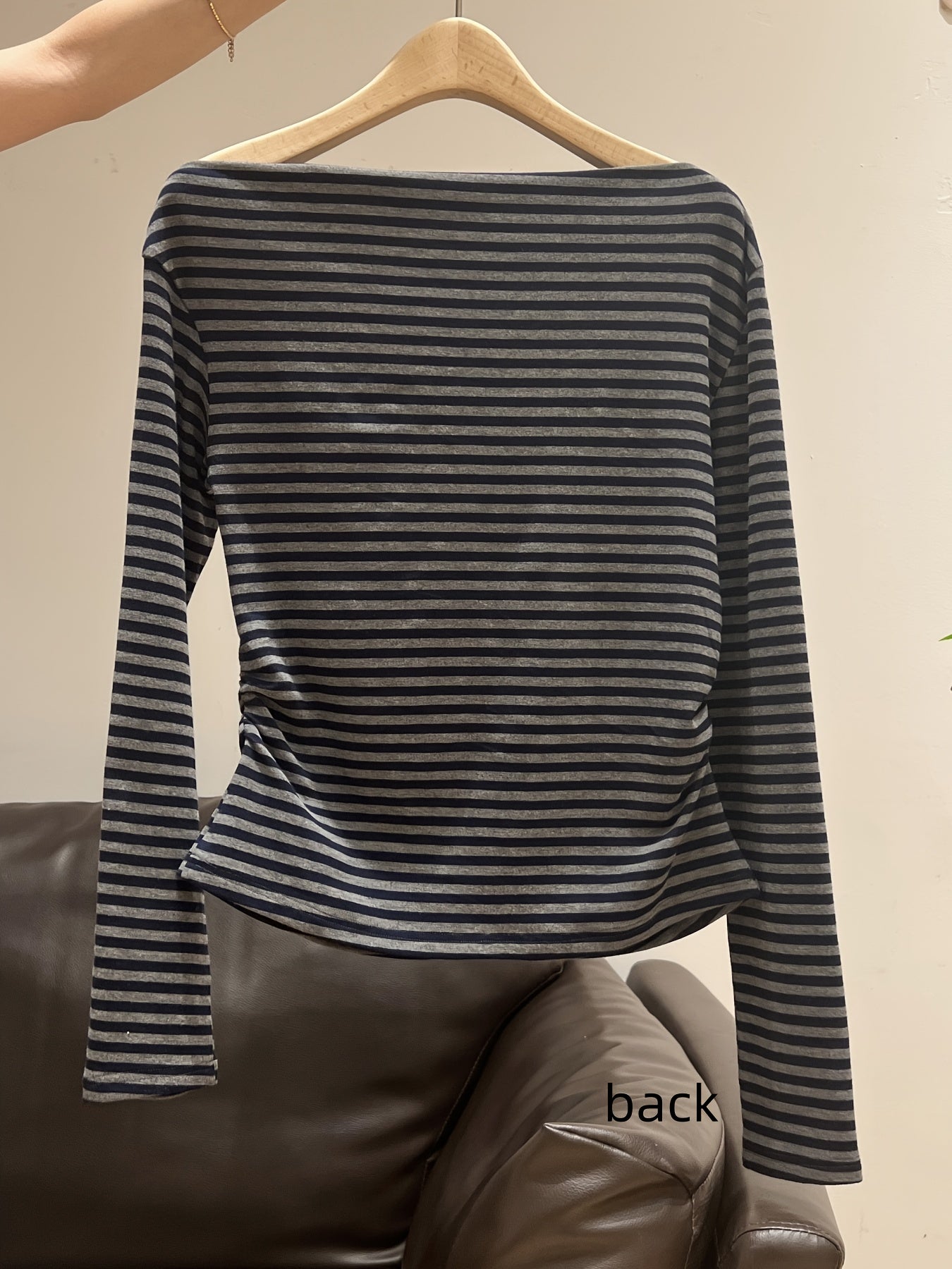 Women'S Elegant Off-Shoulder Long Sleeve T-Shirt - Slim Fit Top with Navy & White Horizontal Stripes