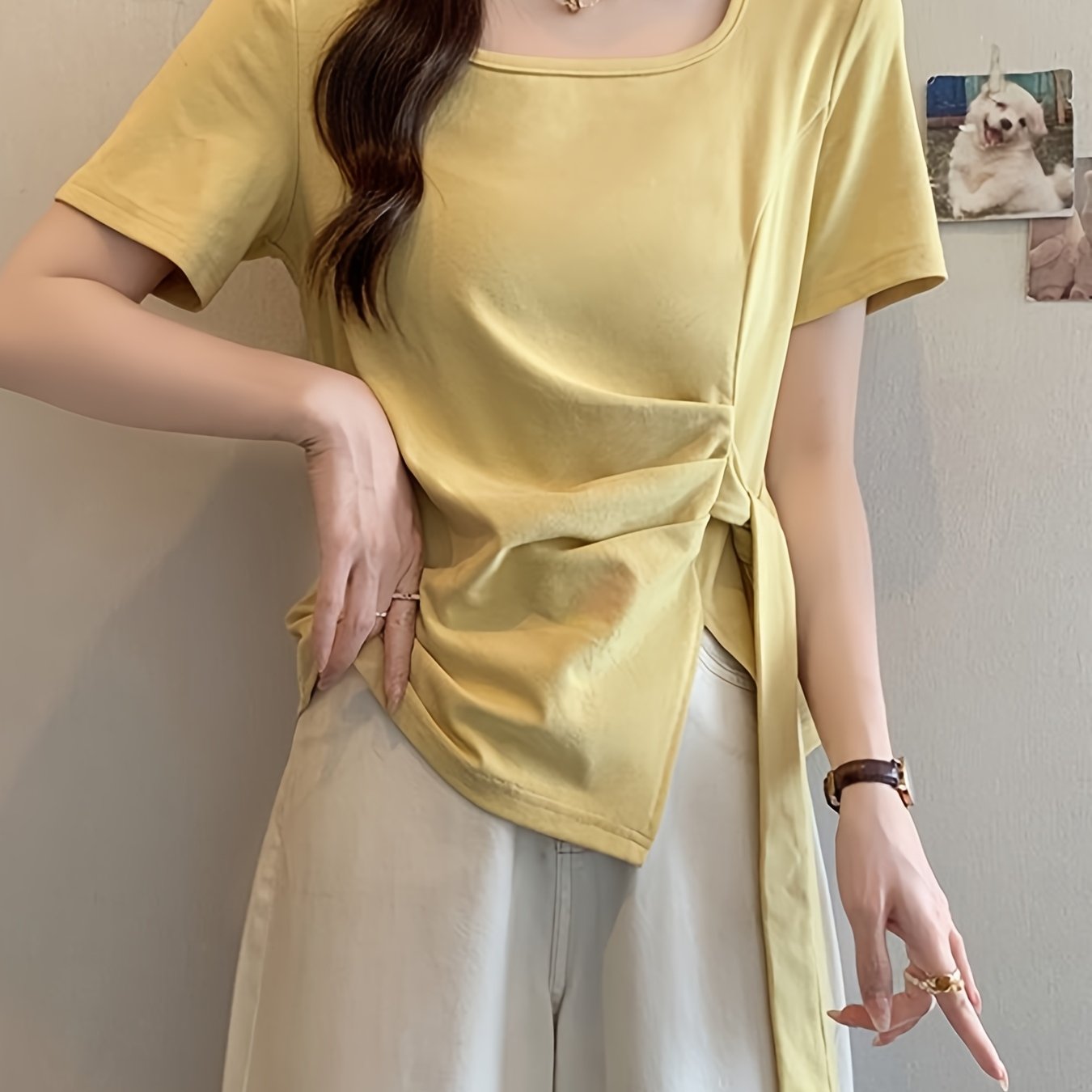 Women'S Light Blue Asymmetrical Short Sleeve Top with Tie-Waist Detail - Casual Summer Blouse