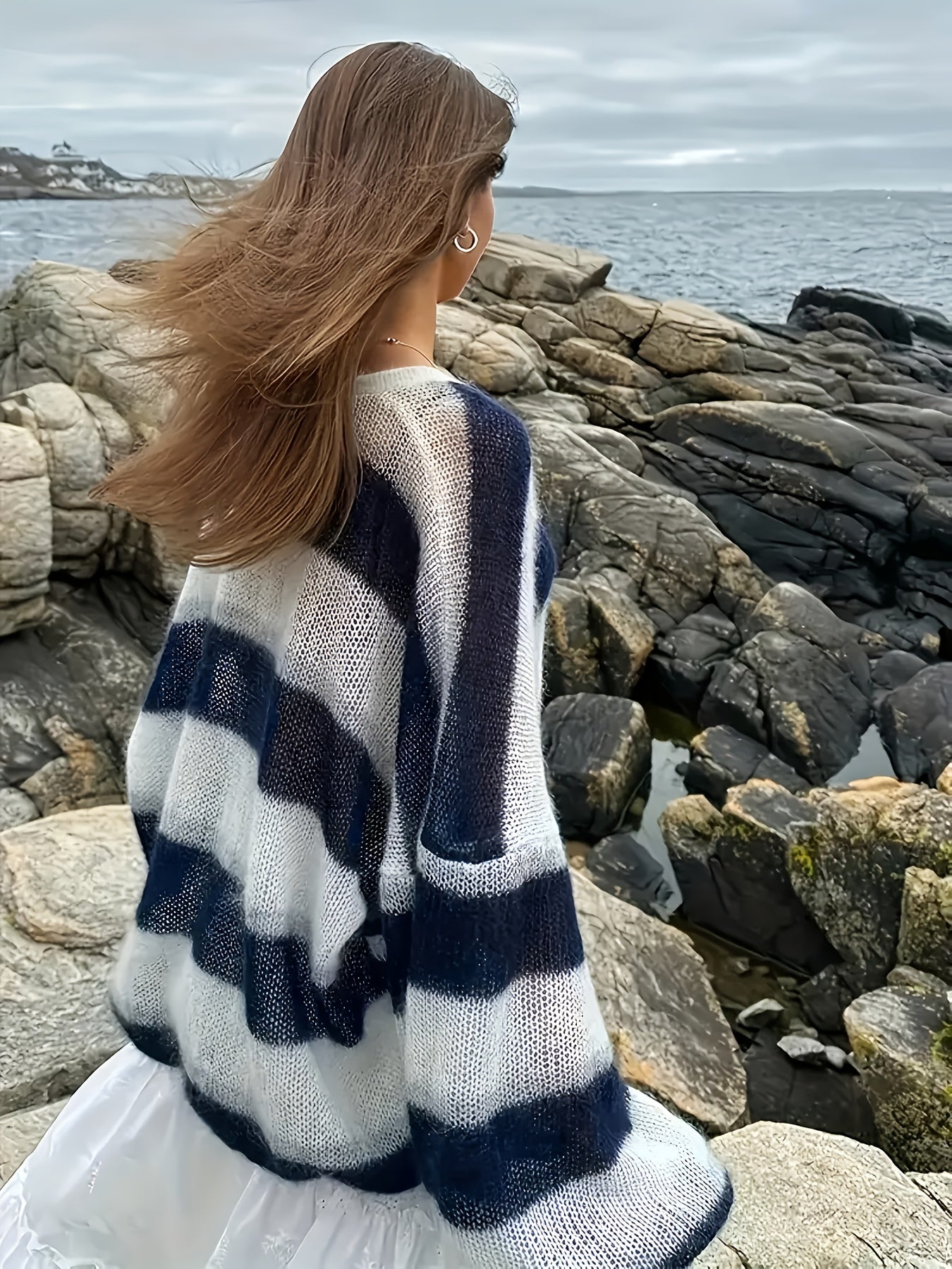 Women'S Elegant Striped Color-Block Cardigan - Open Front Button Closure