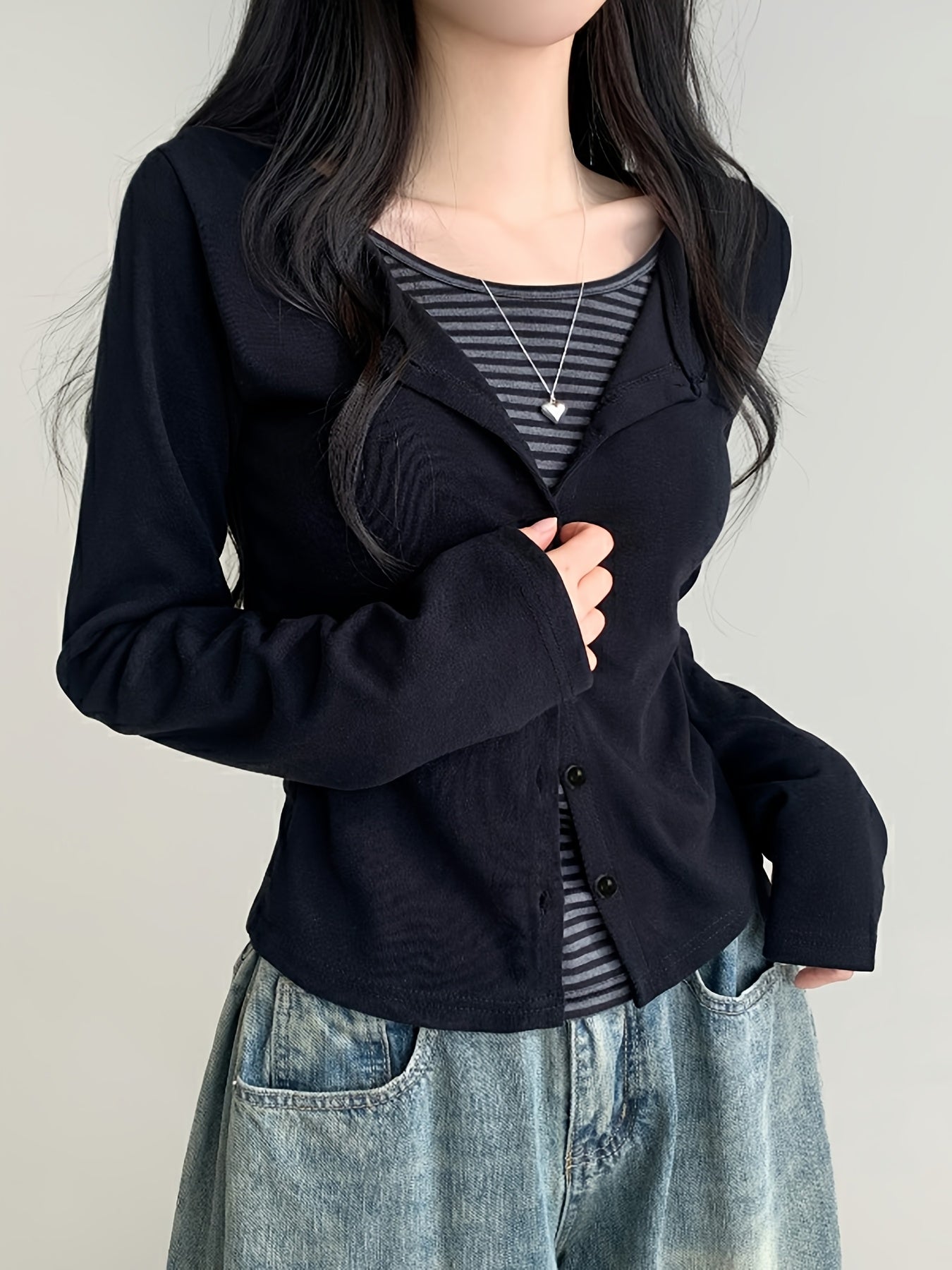 Color-Blocked Striped Patchwork Faux Two-Piece T-Shirt, Casual Single-Breasted Long-Sleeve Top