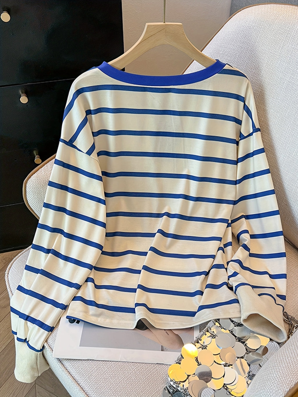 Women'S Casual Blue & White Striped Long Sleeve Top with Ruffled Hem - Lightweight Polyester