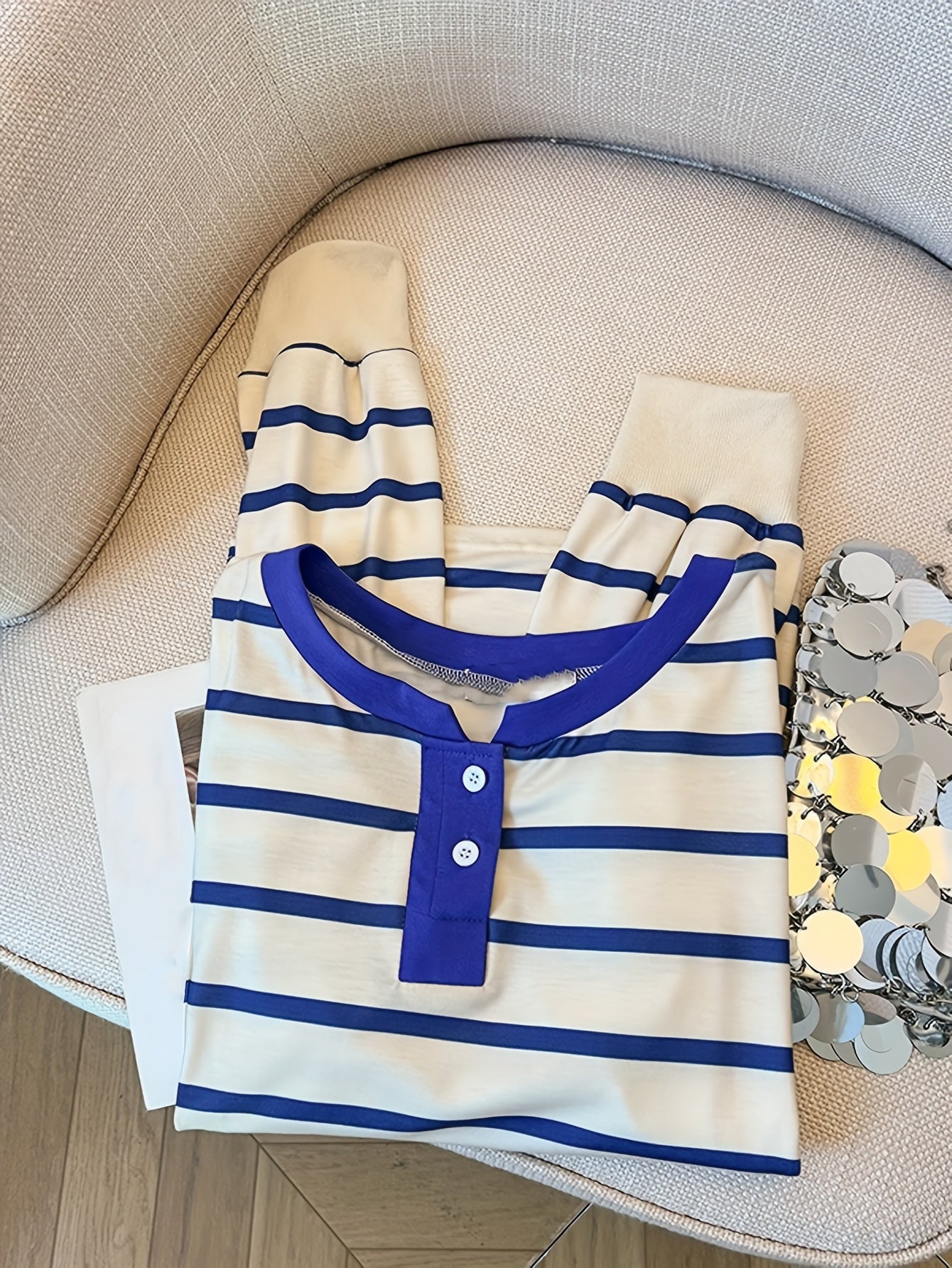 Women'S Casual Blue & White Striped Long Sleeve Top with Ruffled Hem - Lightweight Polyester