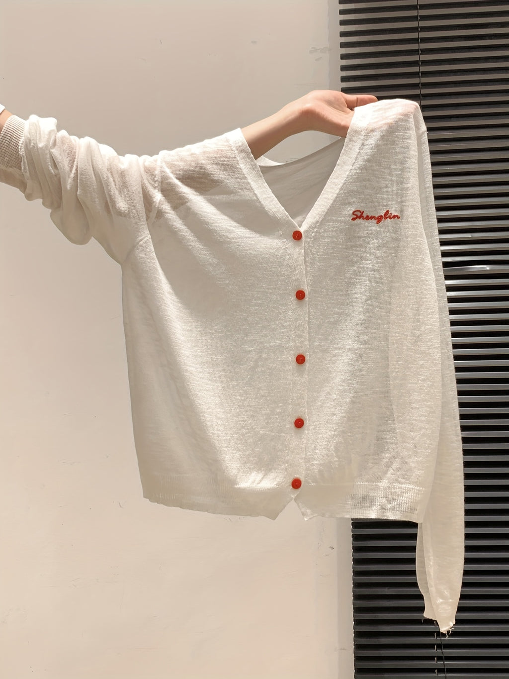 Letter Embroidered V-Neck Breathable Coverup Hair Needle Long Sleeve Women's Cardigan Summer Button Design Versatile Sheer Top