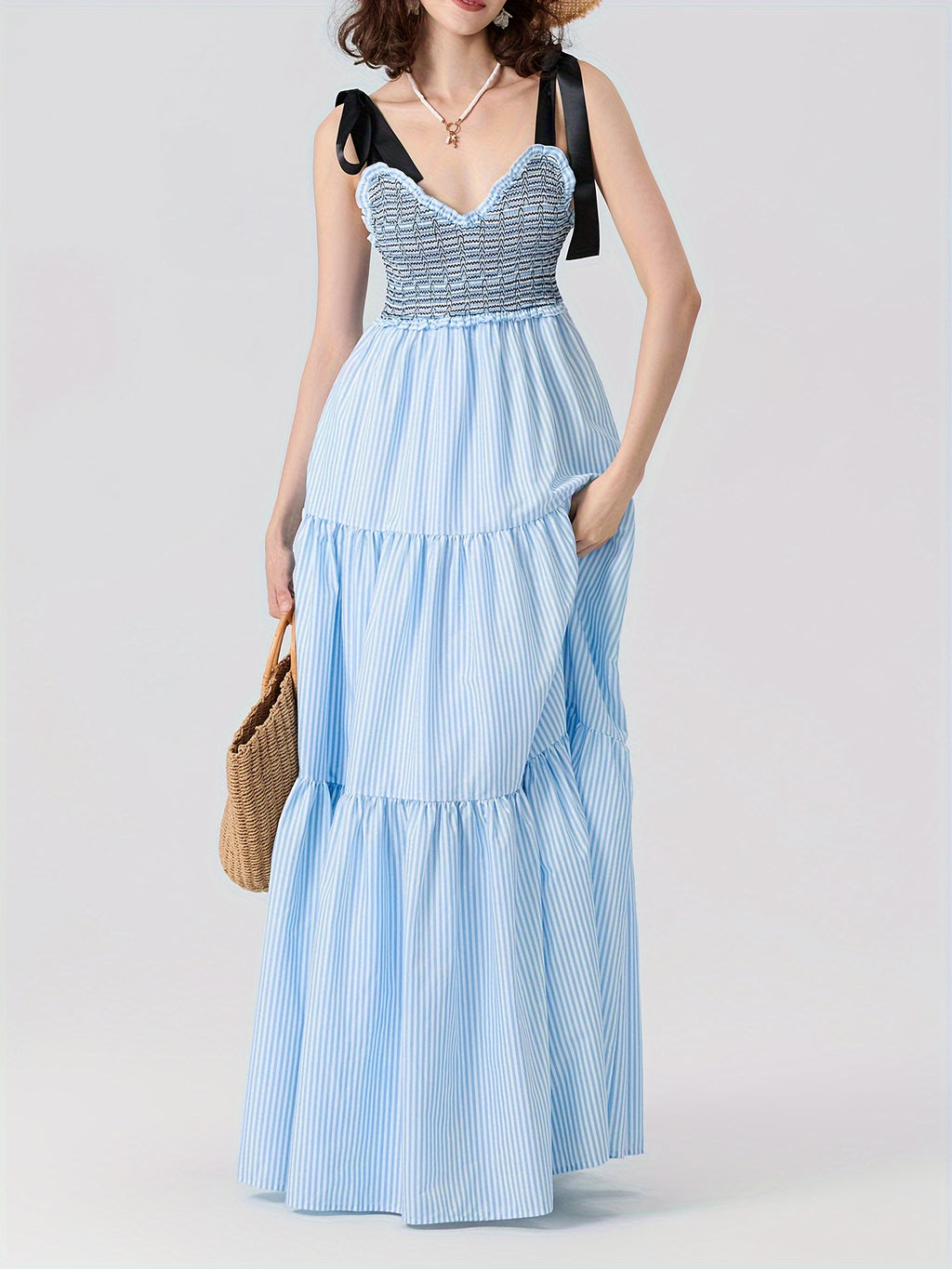 Women'S Sleeveless Ruffle Tiered Maxi Dress - Polyester and Spandex Blend with Striped Print