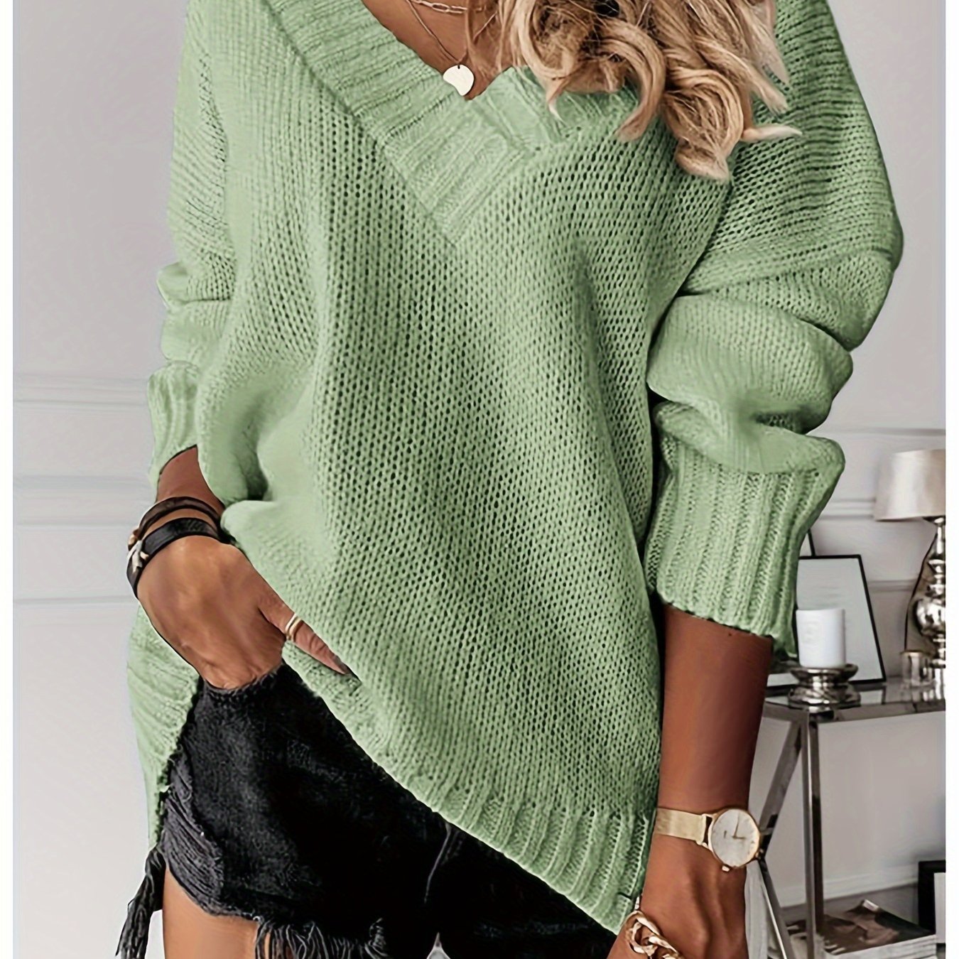 Womens Loose Sweaters Sexy V Neck Long Sleeve Solid Knitted Jumper Pullover Sweatshirt Tops