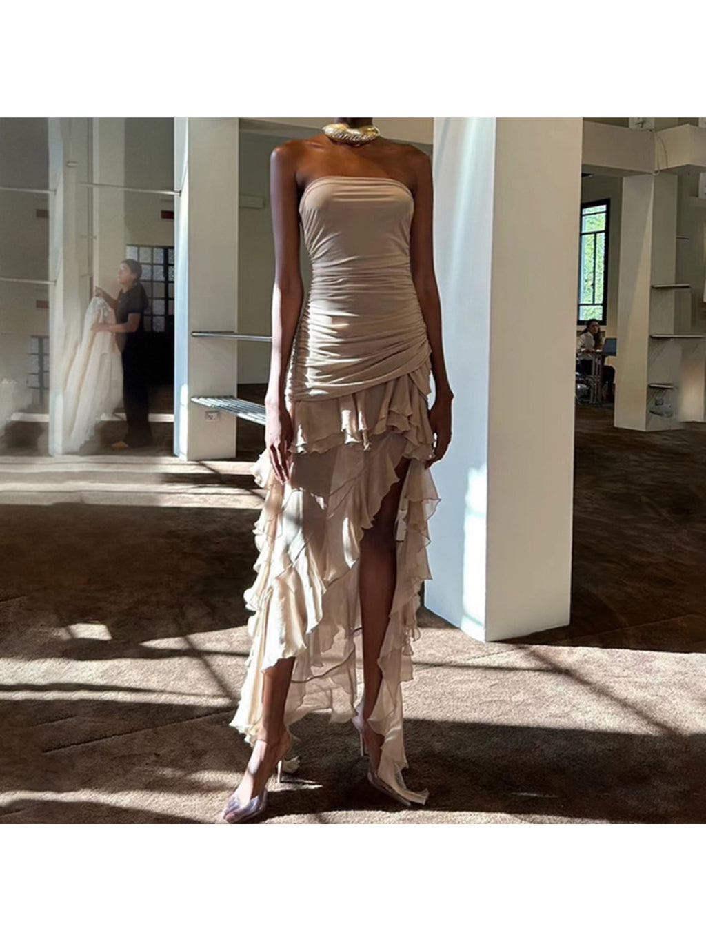 Sexy Mesh Bohemian Style Dress with Asymmetrical Hem And Irregular Pleated Strapless Skirt for Women