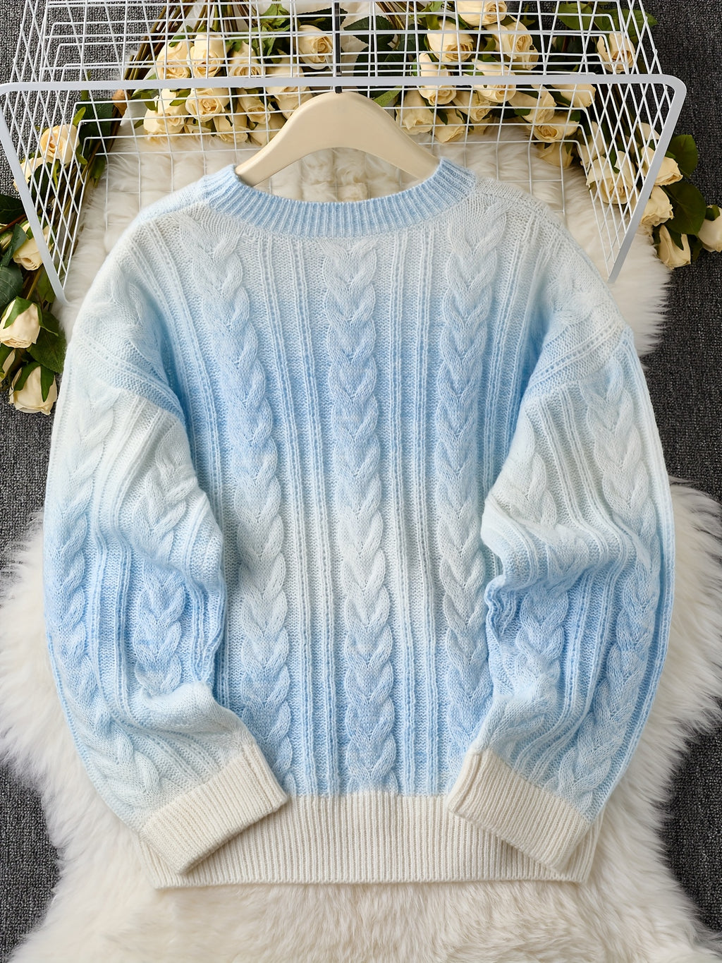 New Thickened Twisted Long Sleeve Sweater for Women in Lazy Style Blue Top
