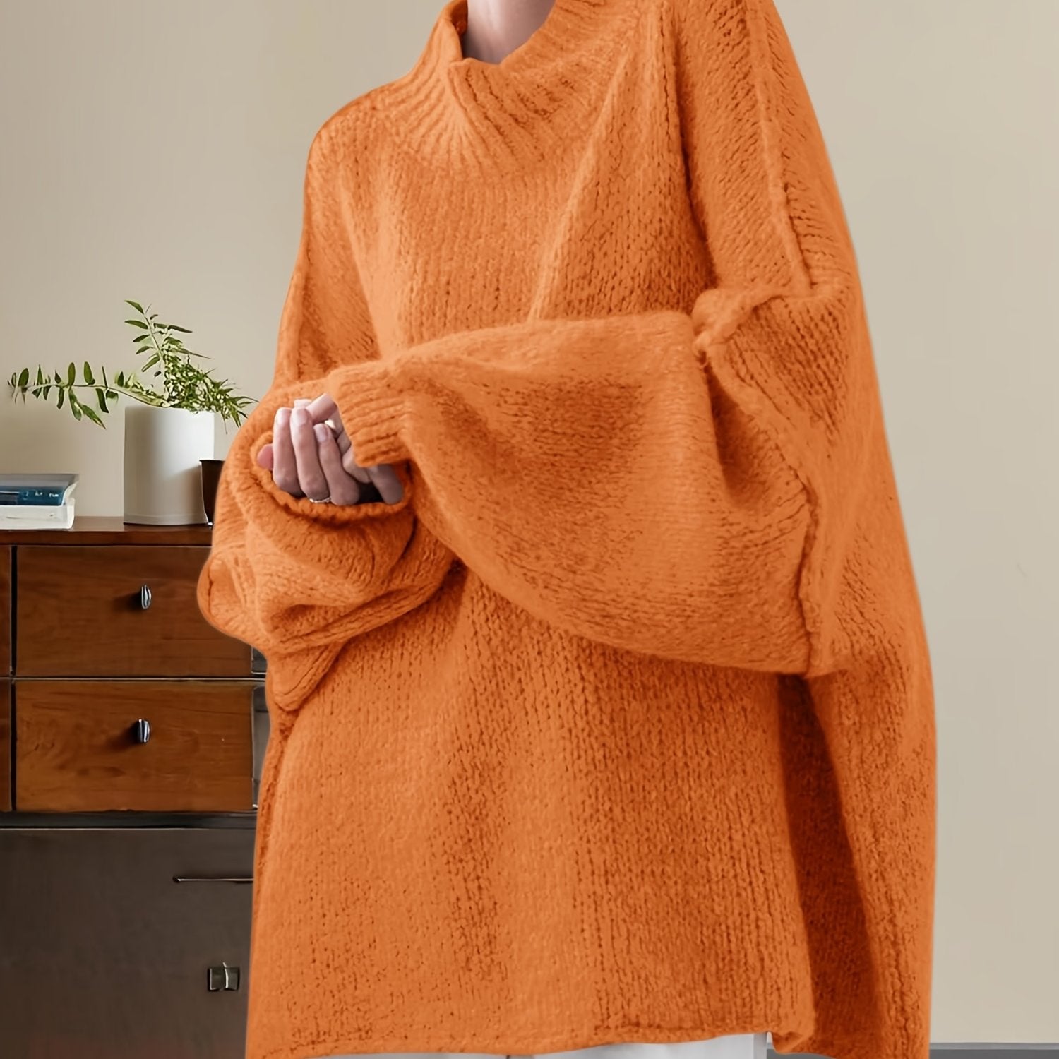 Women'S Oversized Batwing Sweater - Soft Stretchy Ribbed Tunic with Mock Neck & Asymmetrical Hem