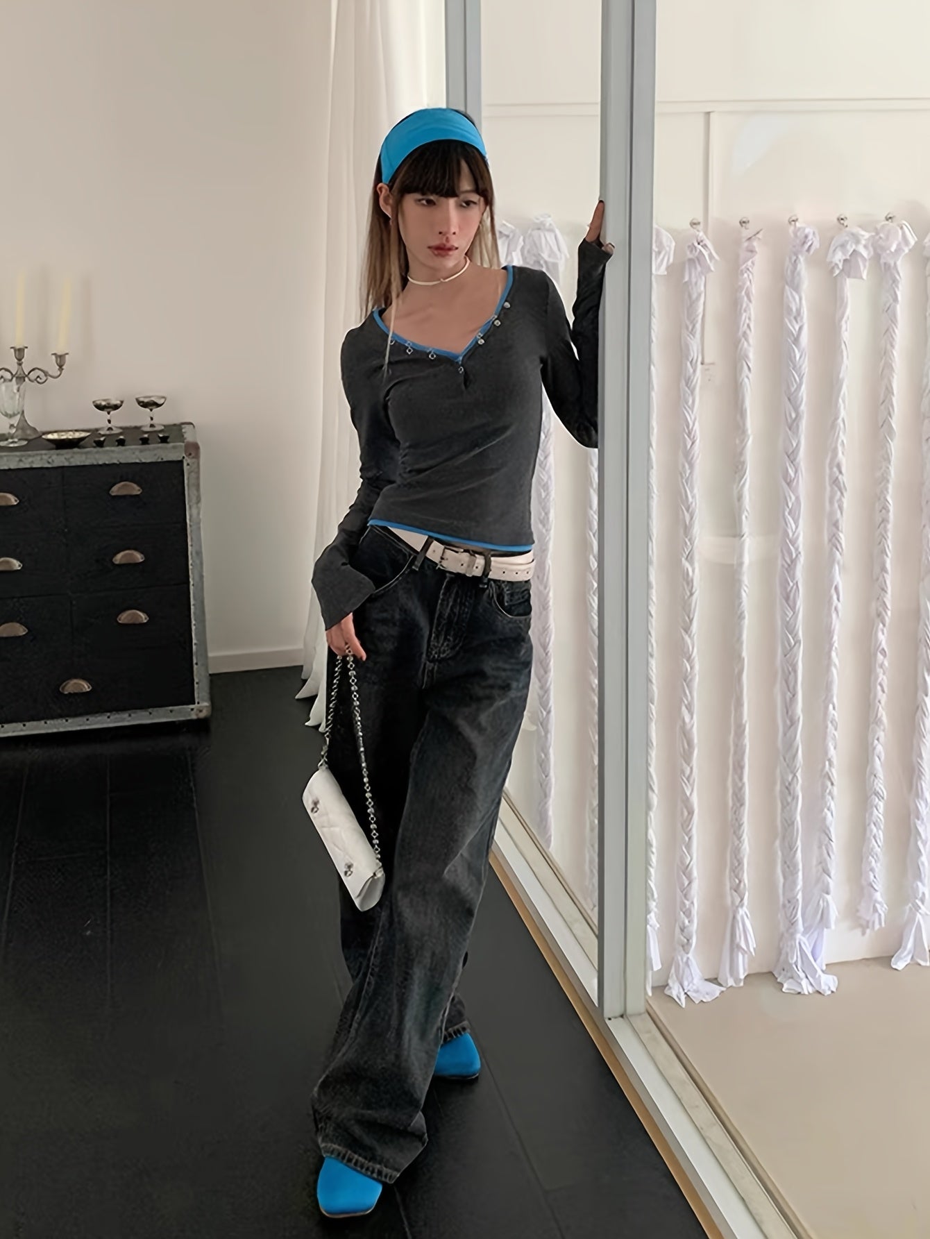 Women's Stretchy V-Neck Long Sleeve T-Shirt - Slim Fit Tops with Dark color