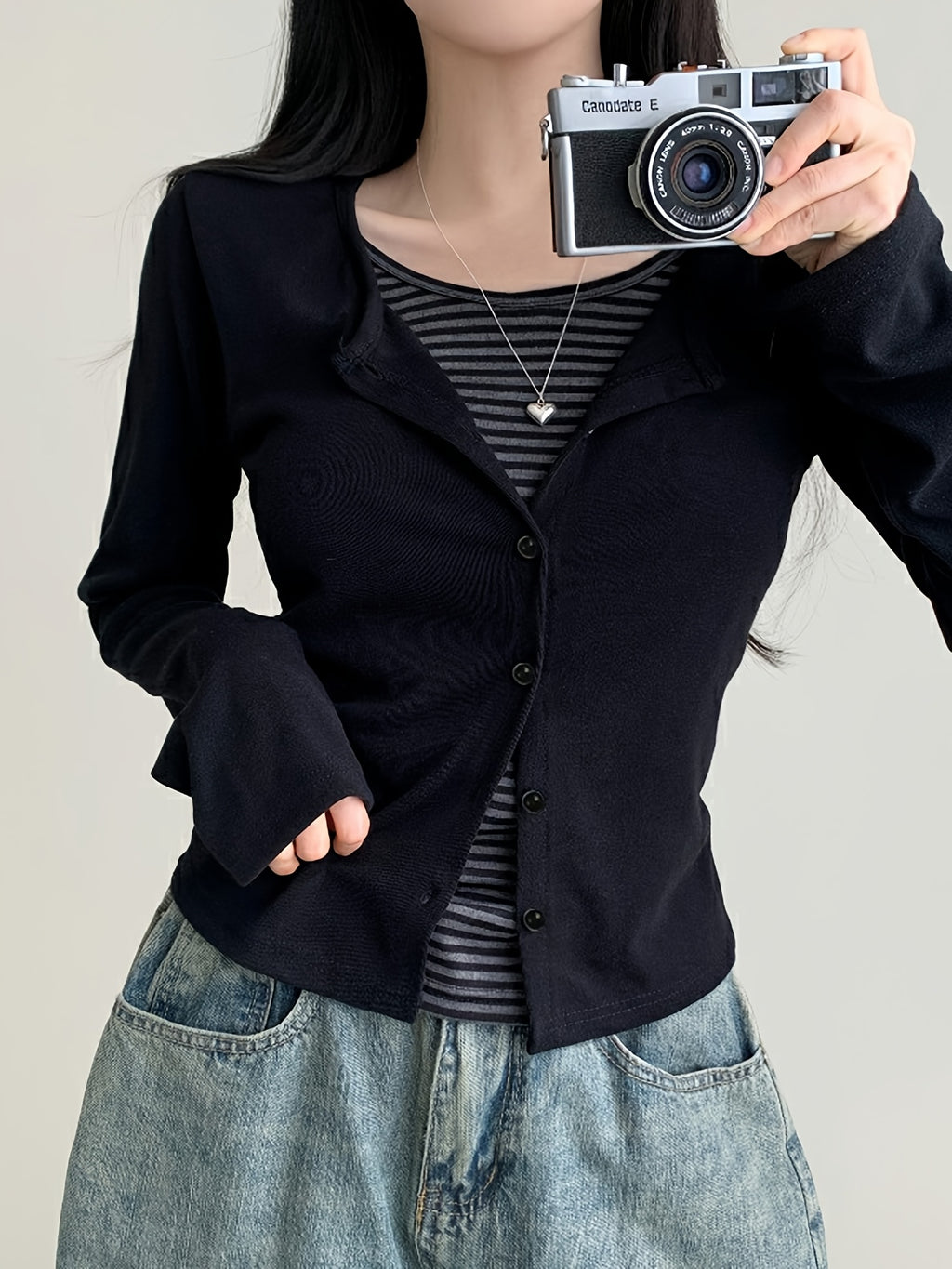 Color-Blocked Striped Patchwork Faux Two-Piece T-Shirt, Casual Single-Breasted Long-Sleeve Top