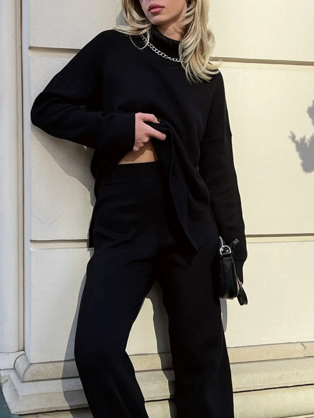 Women's Elegant High Neck Turtleneck Sweater - Oversized Loose Fit Long Sleeve Sweater with White Piping Trim