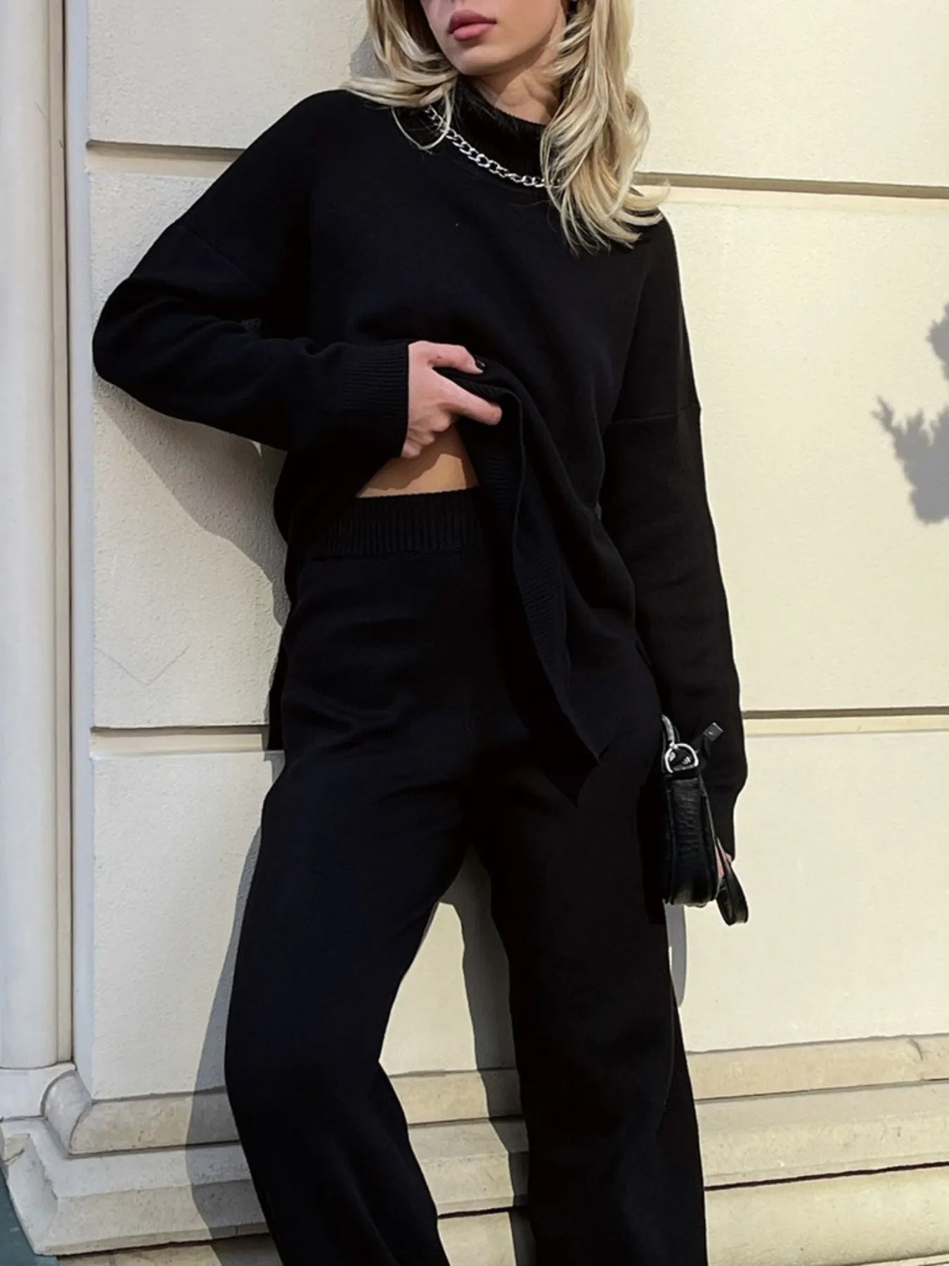 Women's Elegant High Neck Turtleneck Sweater - Oversized Loose Fit Long Sleeve Sweater with White Piping Trim