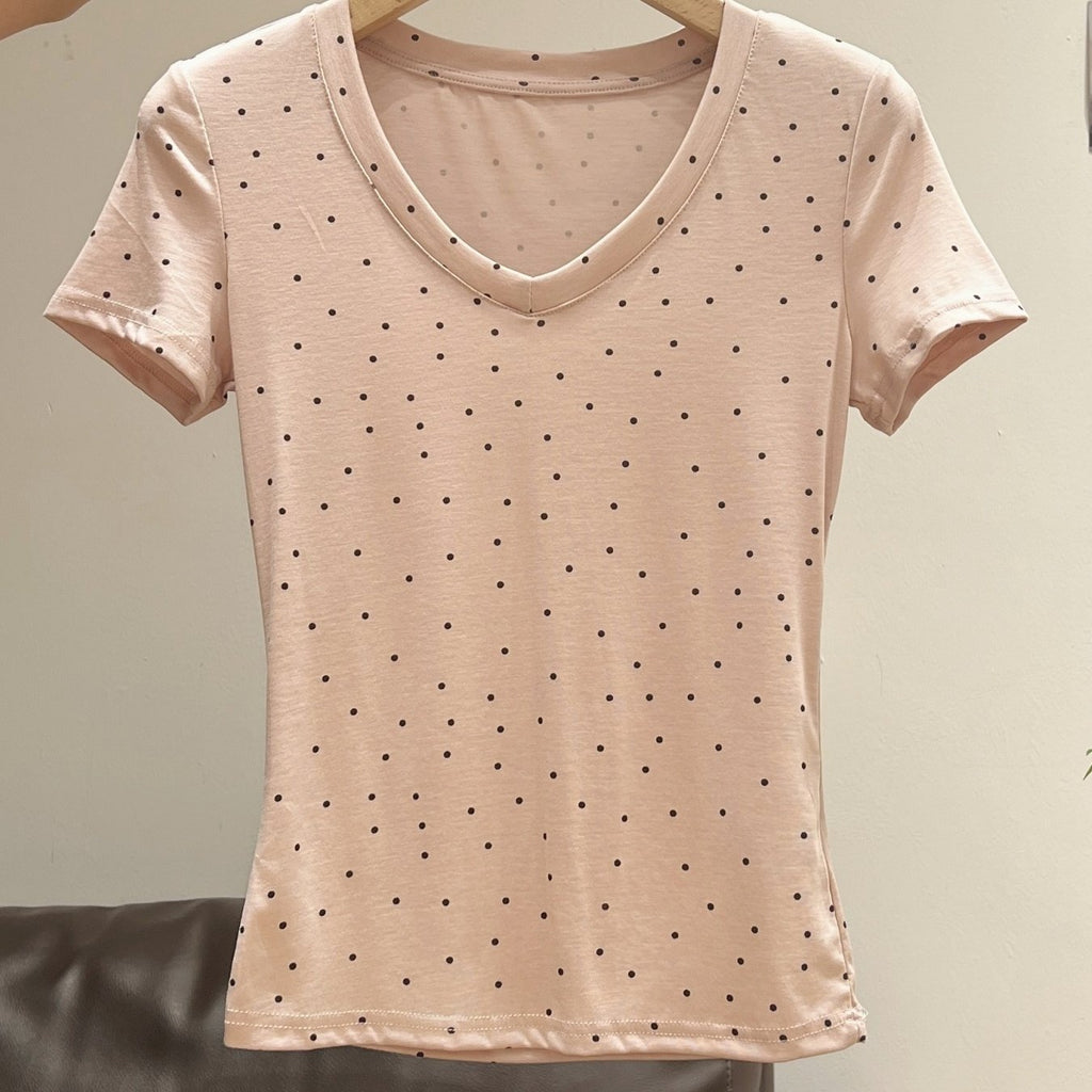 Women'S Light Pink Polka Dot V-Neck T-Shirt - Slim Fit Short Sleeve Top, Breathable Summer Casual Wear
