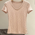 Women'S Light Pink Polka Dot V-Neck T-Shirt - Slim Fit Short Sleeve Top, Breathable Summer Casual Wear