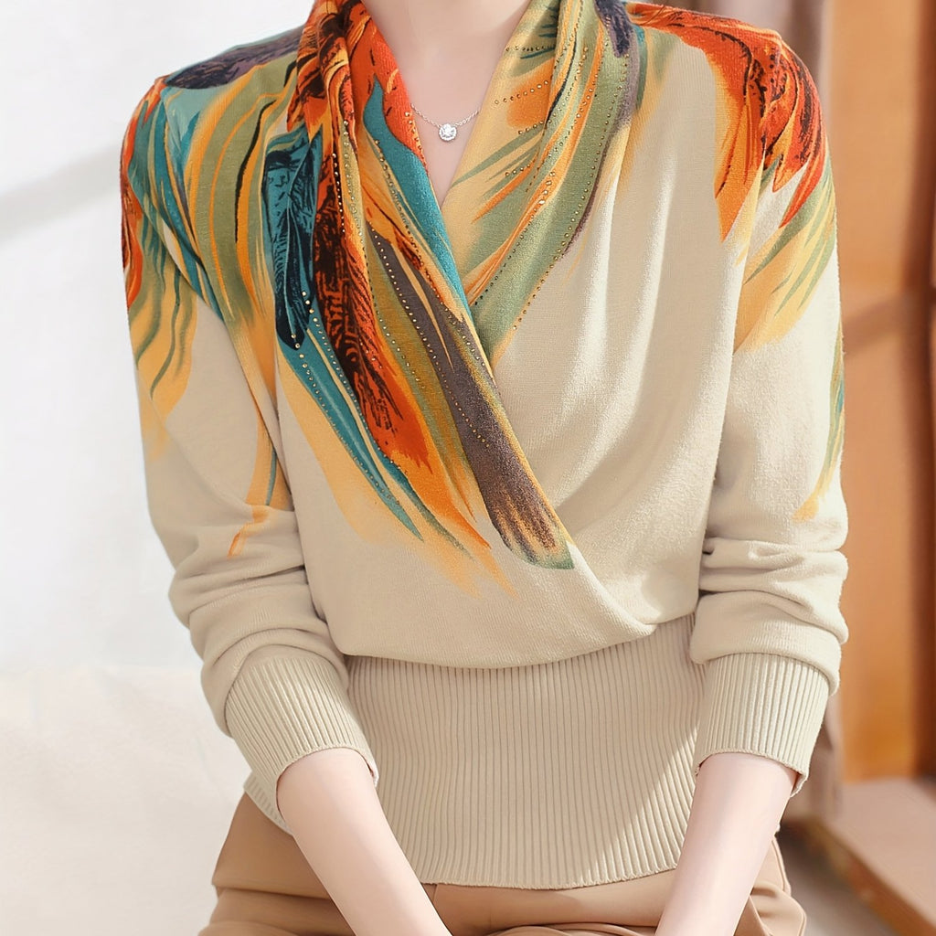Women's Elegant Long-Sleeve Sweater - Multicolor Print