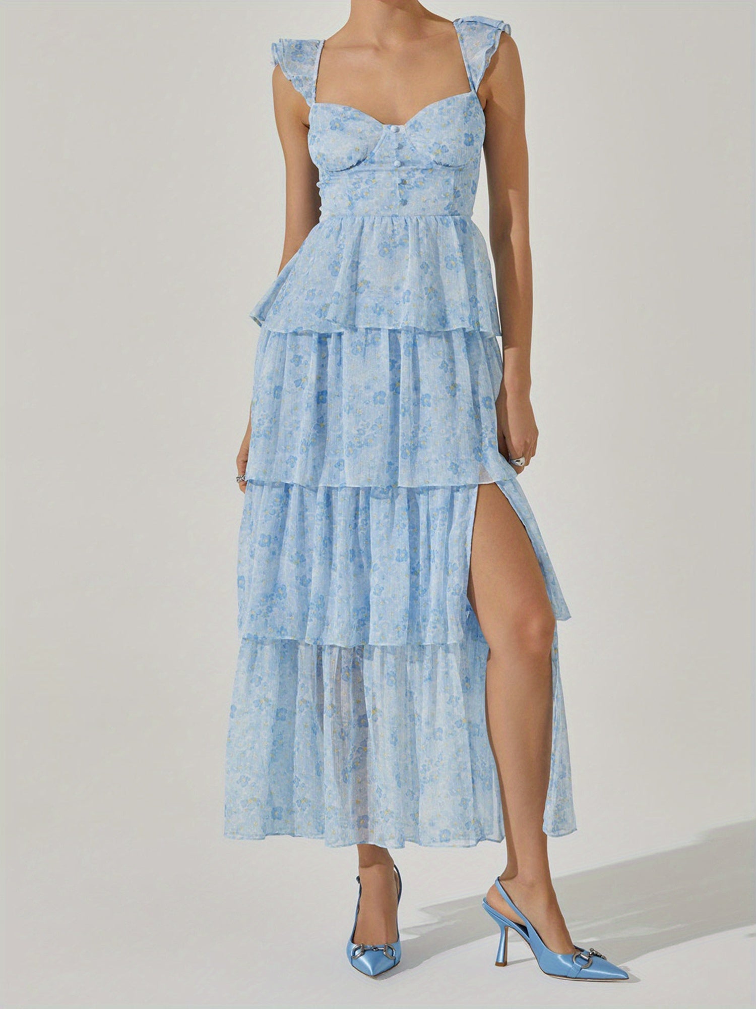 Women'S Floral Dress Stylish Multi-Layered Ruffles Split Cap Sleeve Long A-Line Dress for Spring Summer