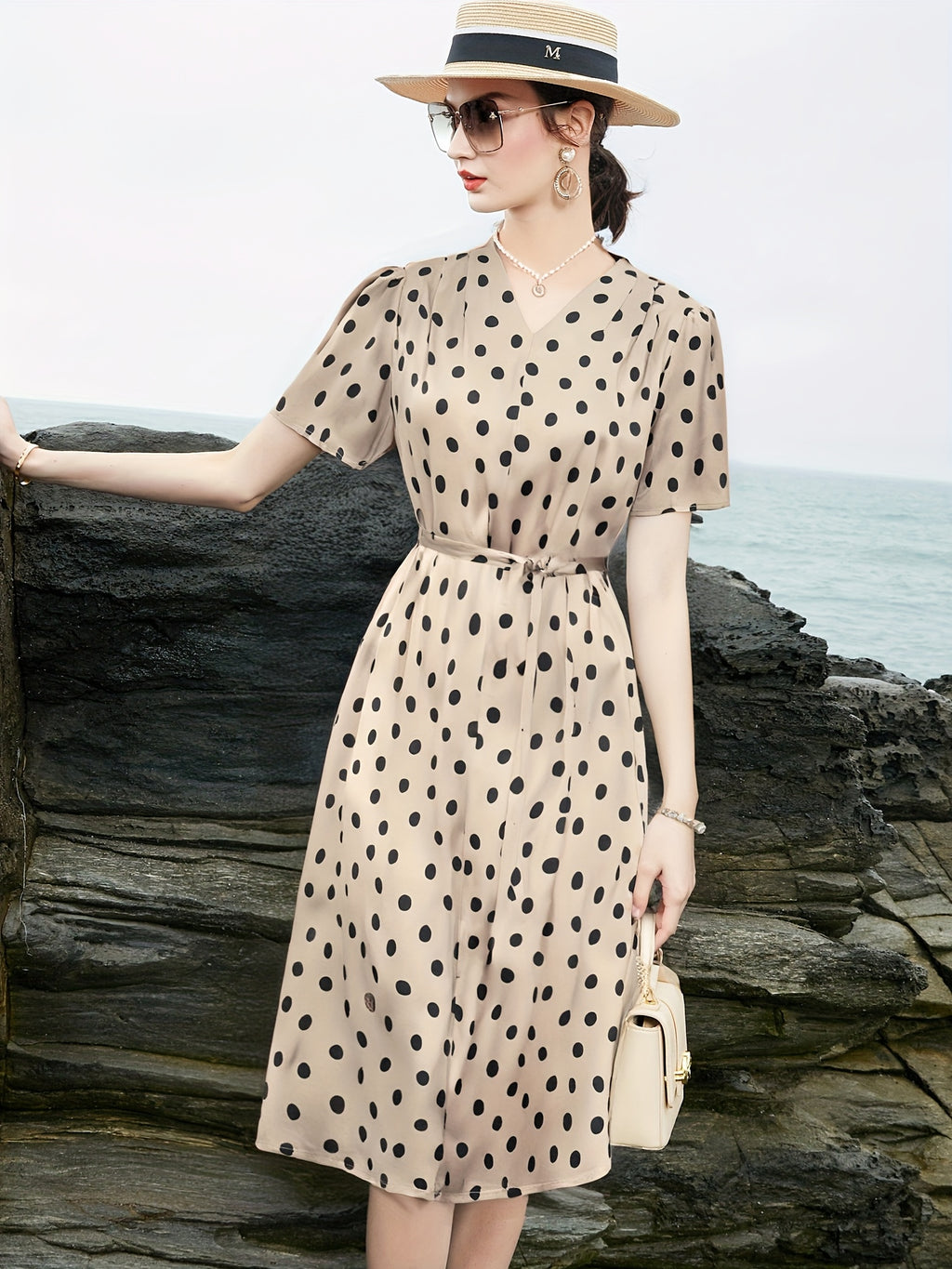 Women'S Elegant Beige & Black Polka Dot Maxi Dress - Formal & Casual Chic Outfits