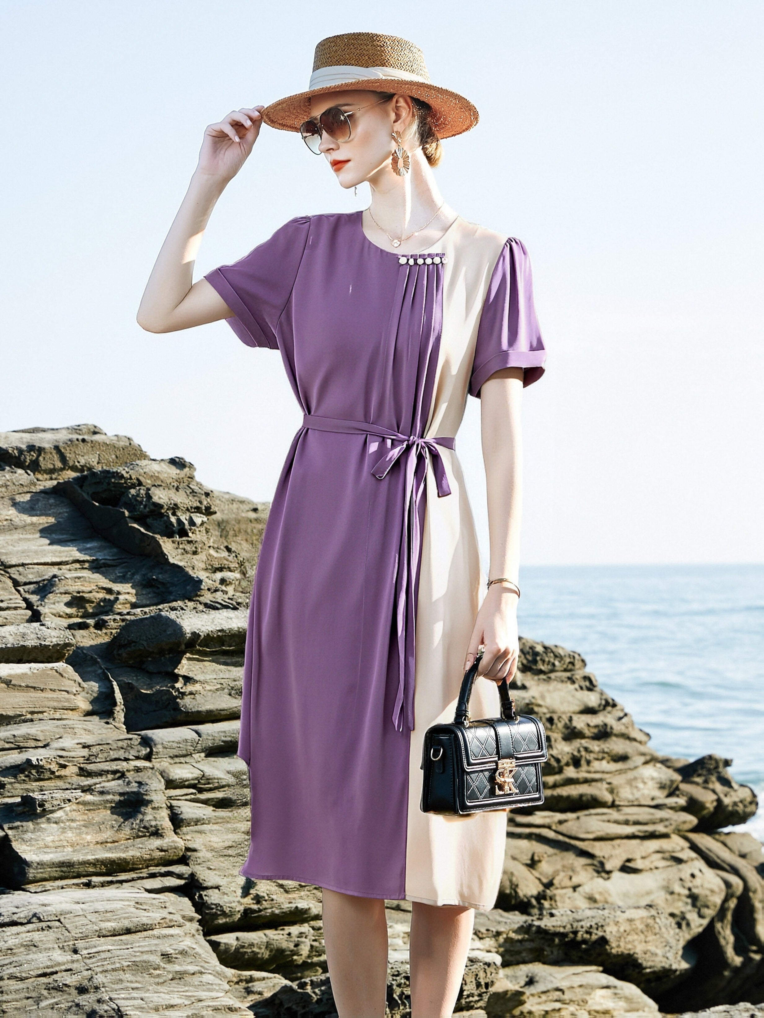 Women's Elegant Heavyweight Mulberry Silky Dress - 2025 New Design A-Line Short Sleeve -Length Formal