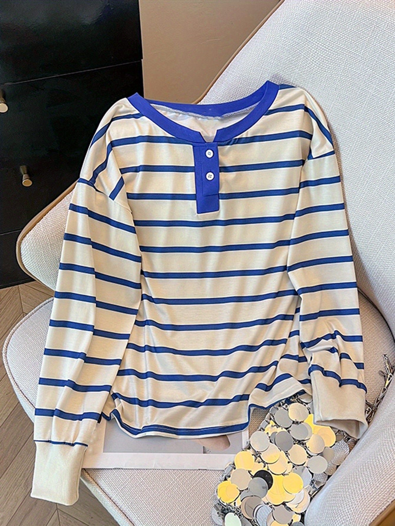 Women'S Casual Blue & White Striped Long Sleeve Top with Ruffled Hem - Lightweight Polyester
