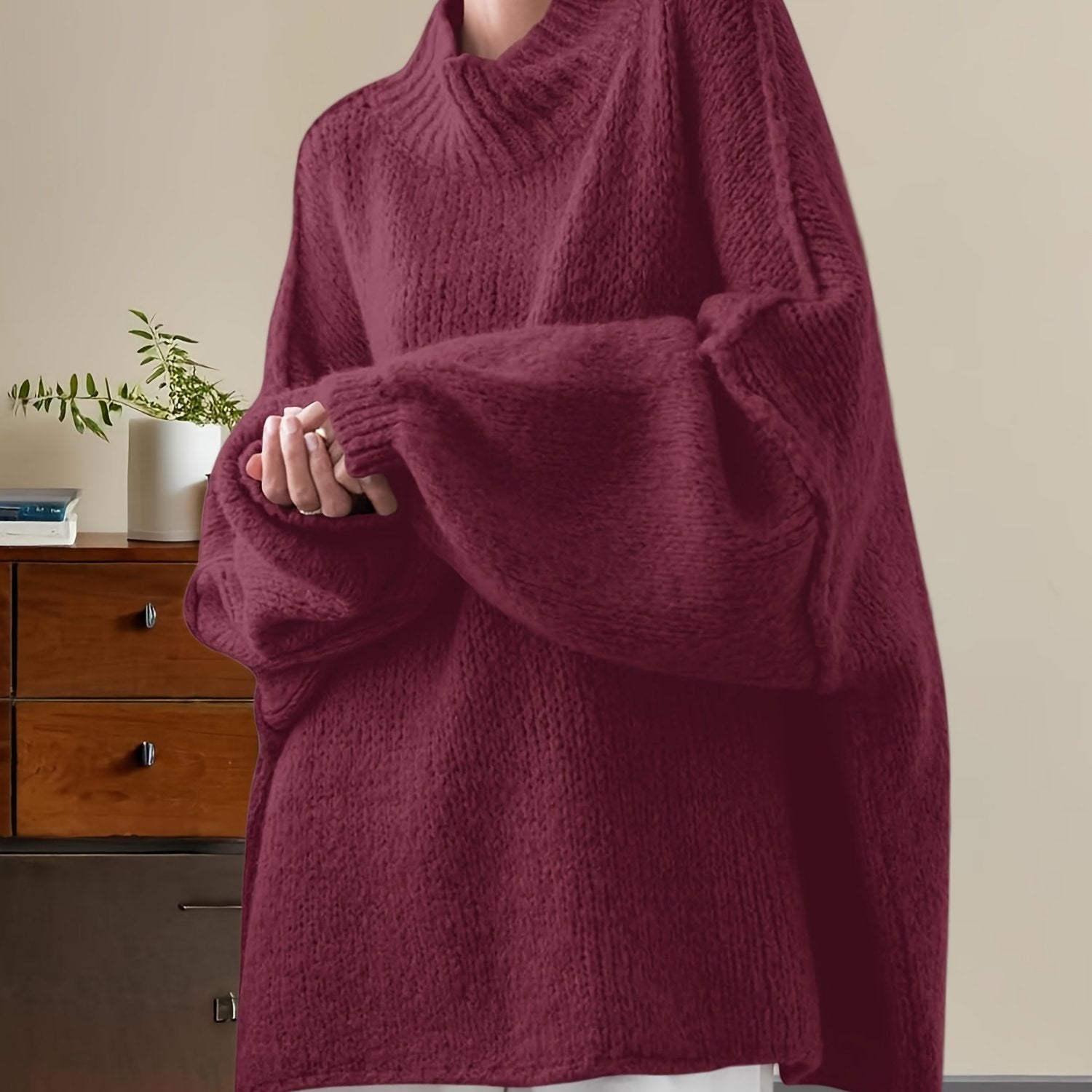 Women'S Oversized Batwing Sweater - Soft Stretchy Ribbed Tunic with Mock Neck & Asymmetrical Hem