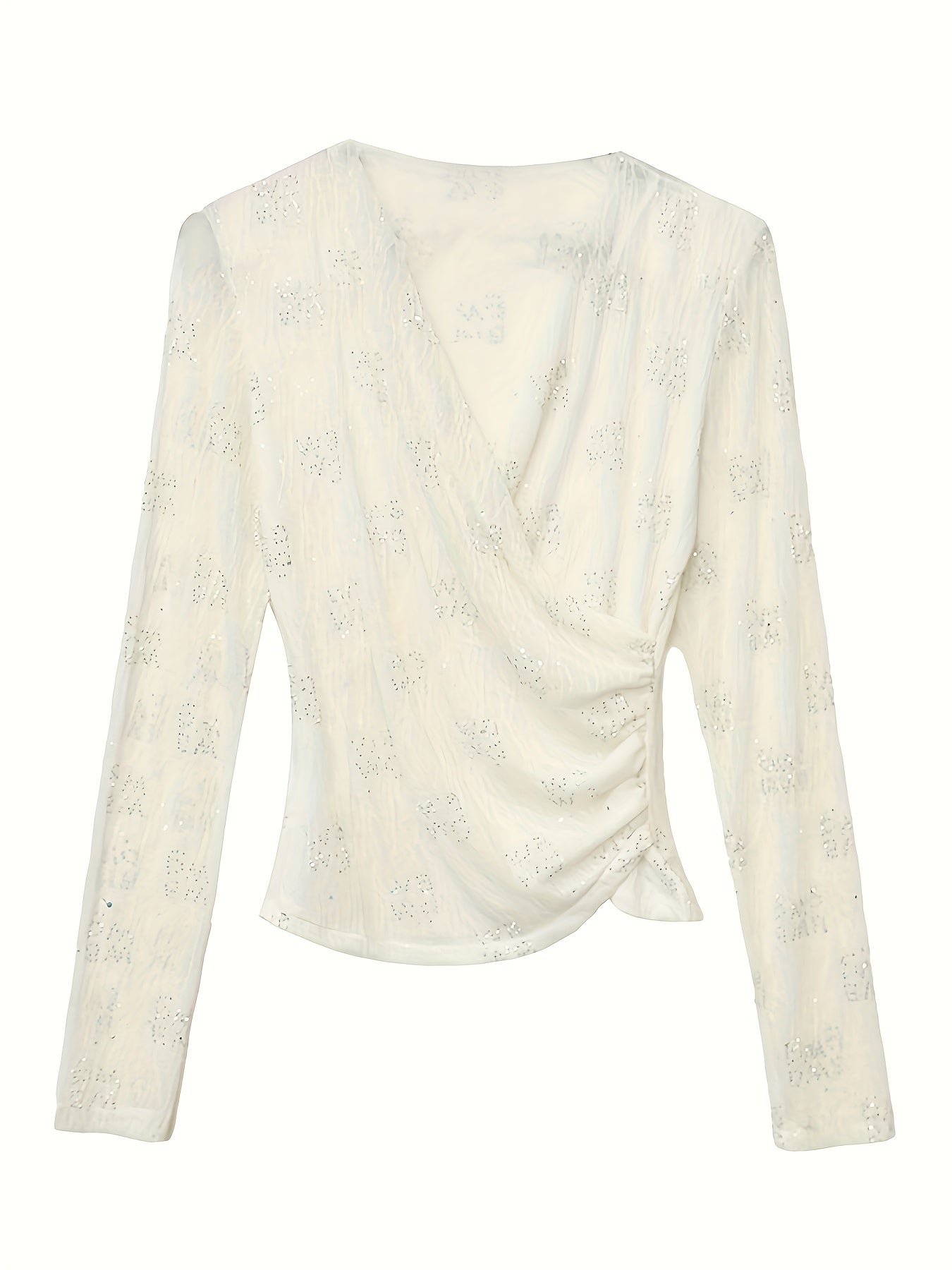 Women'S Elegant V-Neck Long Sleeve T-Shirt - Slim Fit Cross-Over Top with Rhinestone Embellishments