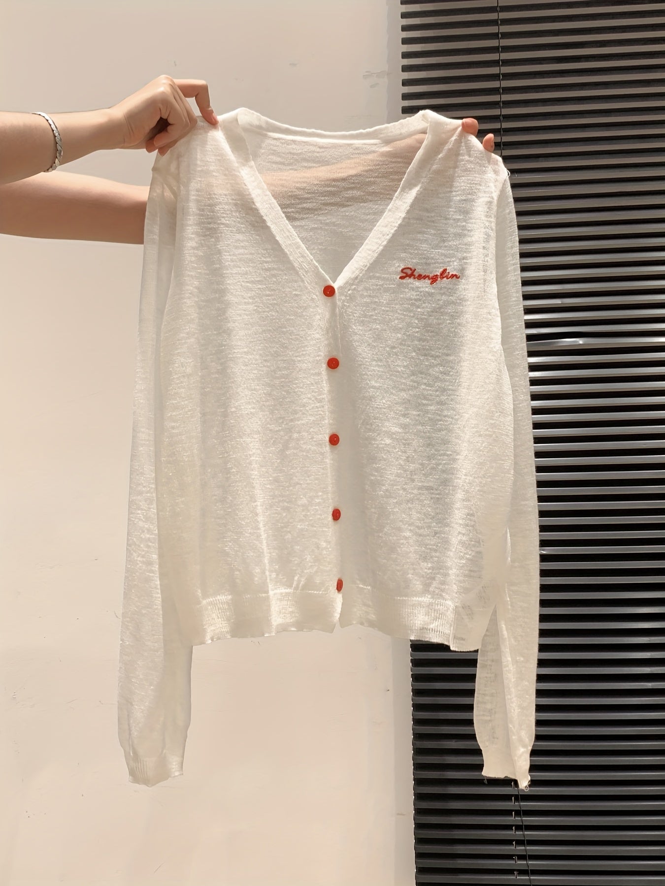 Letter Embroidered V-Neck Breathable Coverup Hair Needle Long Sleeve Women's Cardigan Summer Button Design Versatile Sheer Top