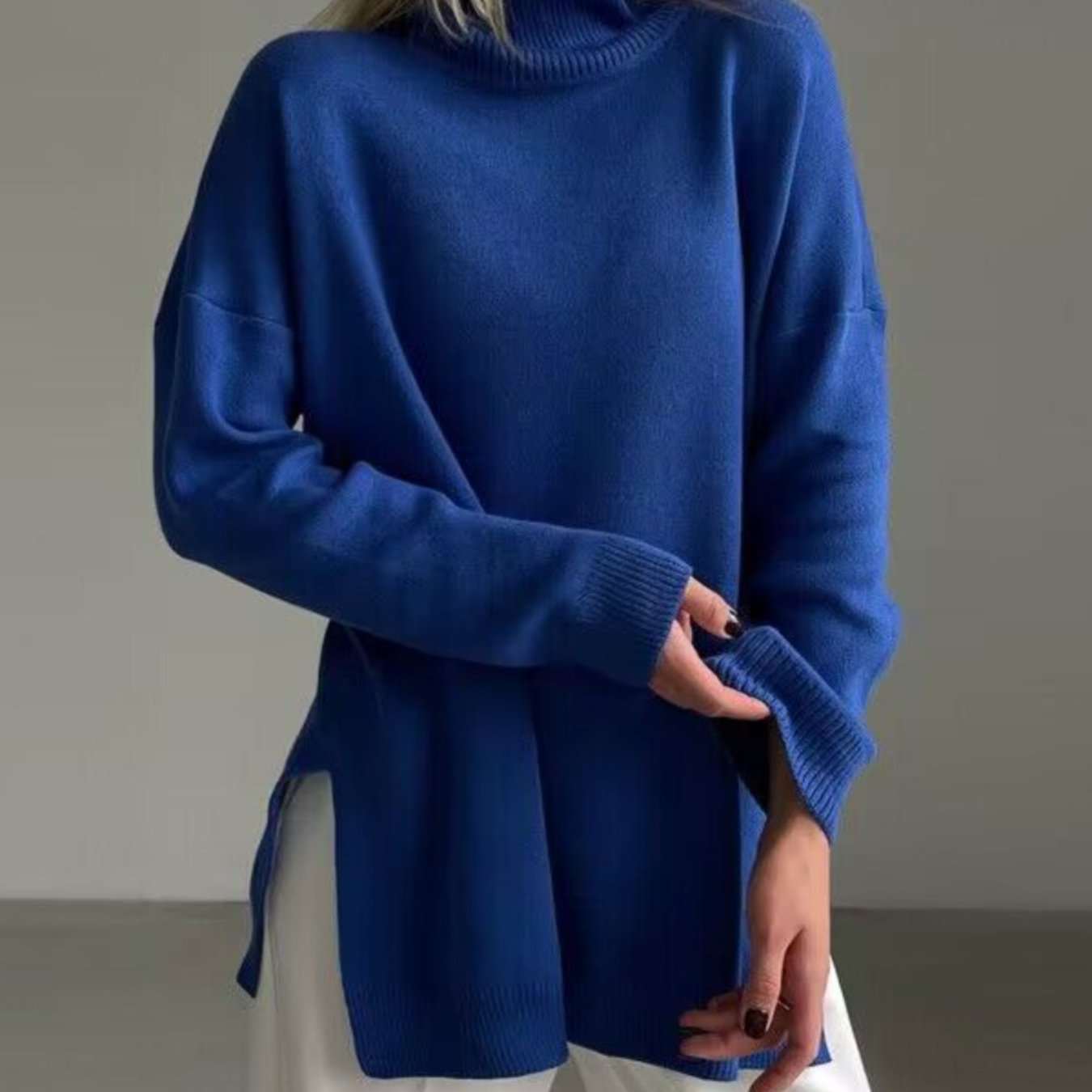 Women's Elegant High Neck Turtleneck Sweater - Oversized Loose Fit Long Sleeve Sweater with White Piping Trim