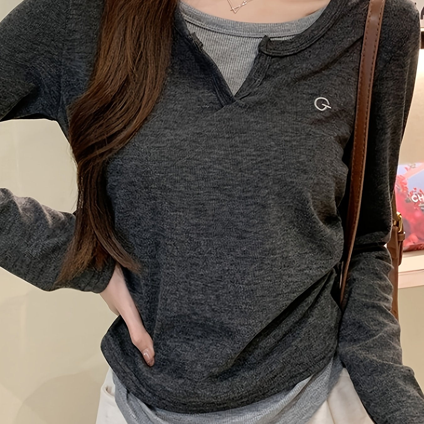 Women'S Slim-Fit Fashion V-Neck Blouse - Casual Long Sleeve Solid Color Top with Faux Layered Design