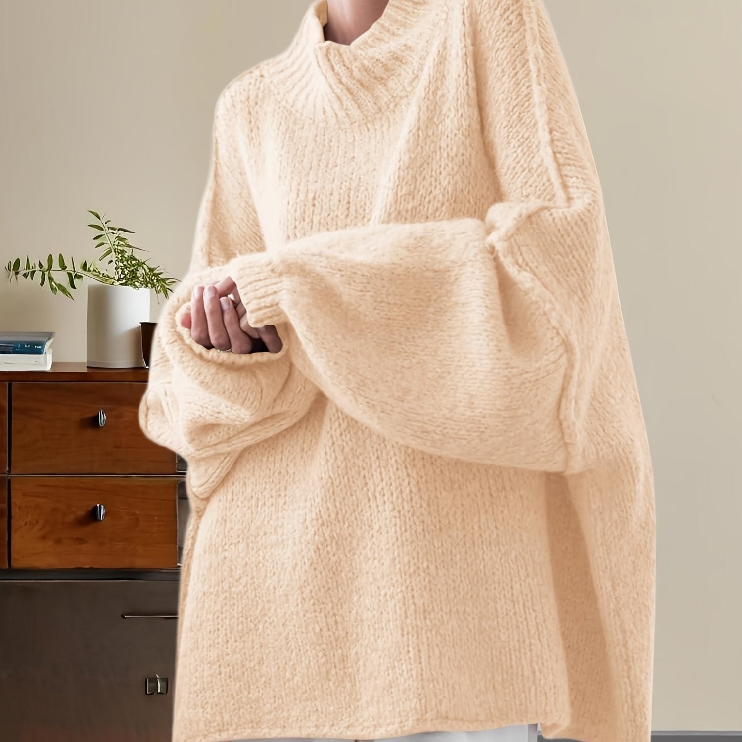 Women'S Oversized Batwing Sweater - Soft Stretchy Ribbed Tunic with Mock Neck & Asymmetrical Hem