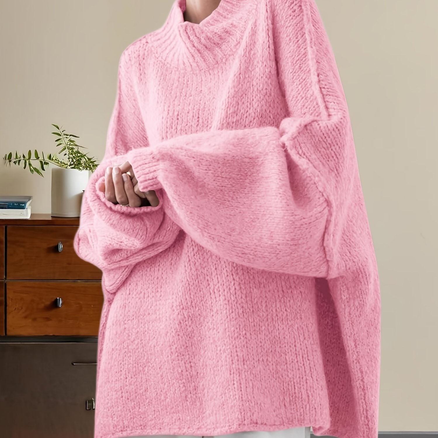 Women'S Oversized Batwing Sweater - Soft Stretchy Ribbed Tunic with Mock Neck & Asymmetrical Hem