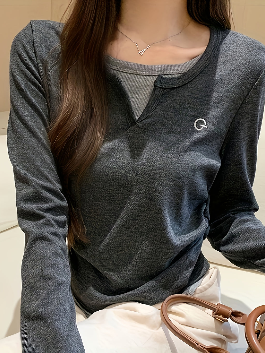 Women'S Slim-Fit Fashion V-Neck Blouse - Casual Long Sleeve Solid Color Top with Faux Layered Design